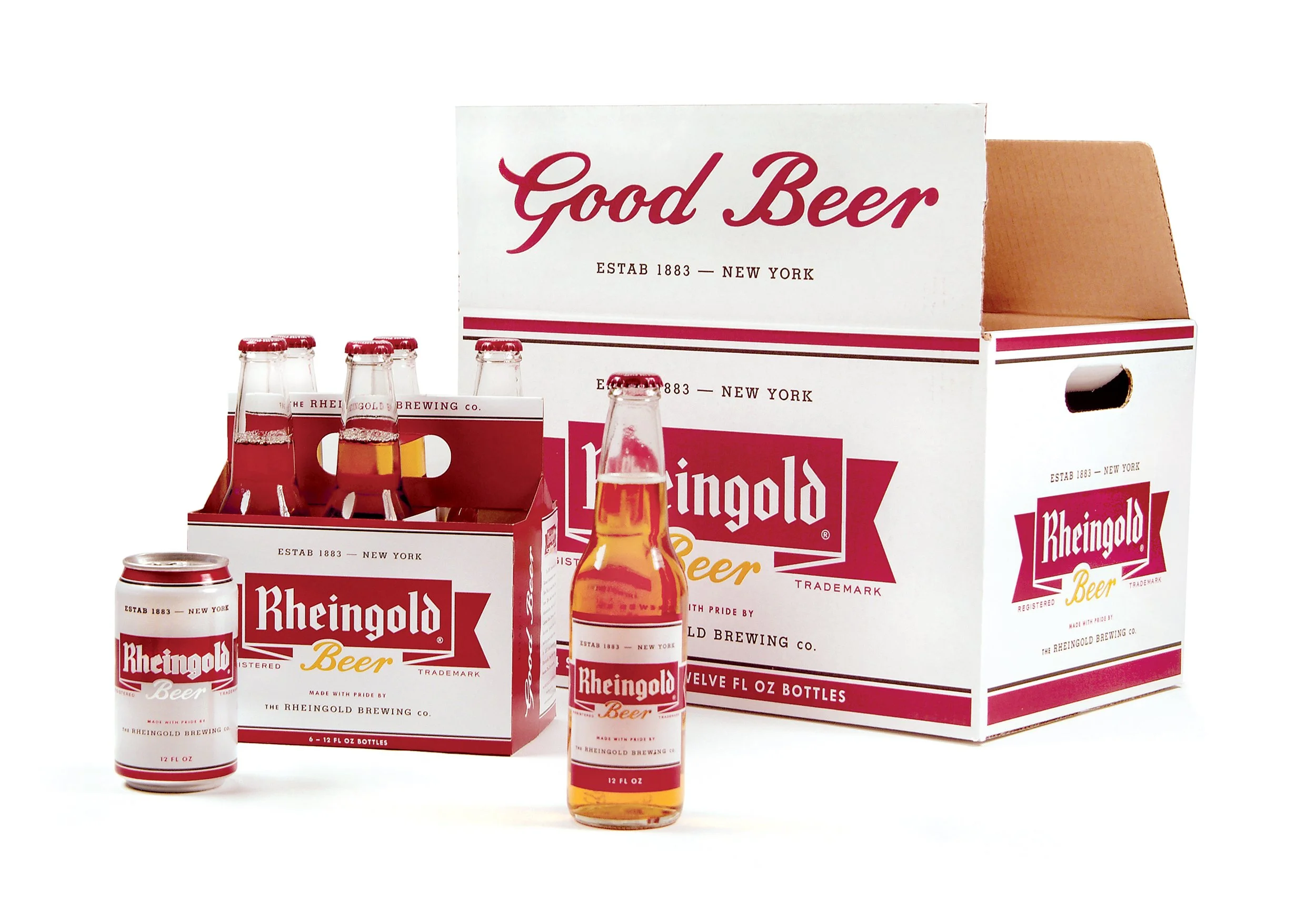 Six bottles of Rheingold Beer in front of a Rheingold Beer cardboard case, with some bottles inside the case.