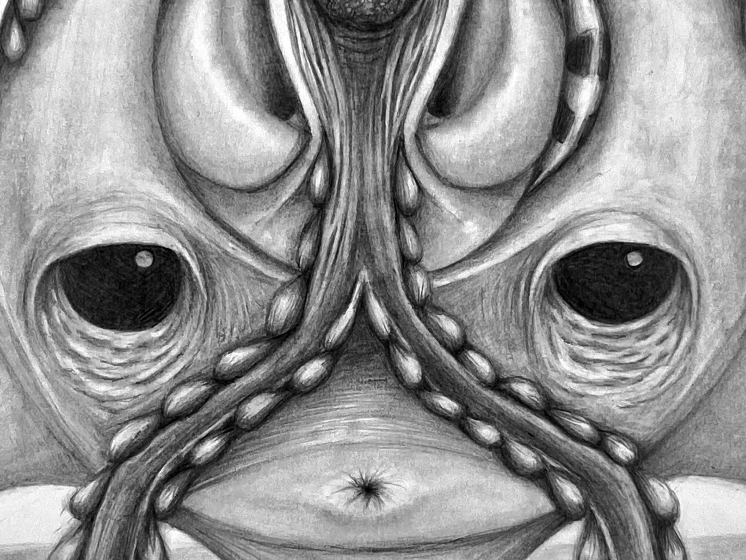 Close-up black and white drawing of a human face with large eyes, detailed wrinkles, and flowing hair.