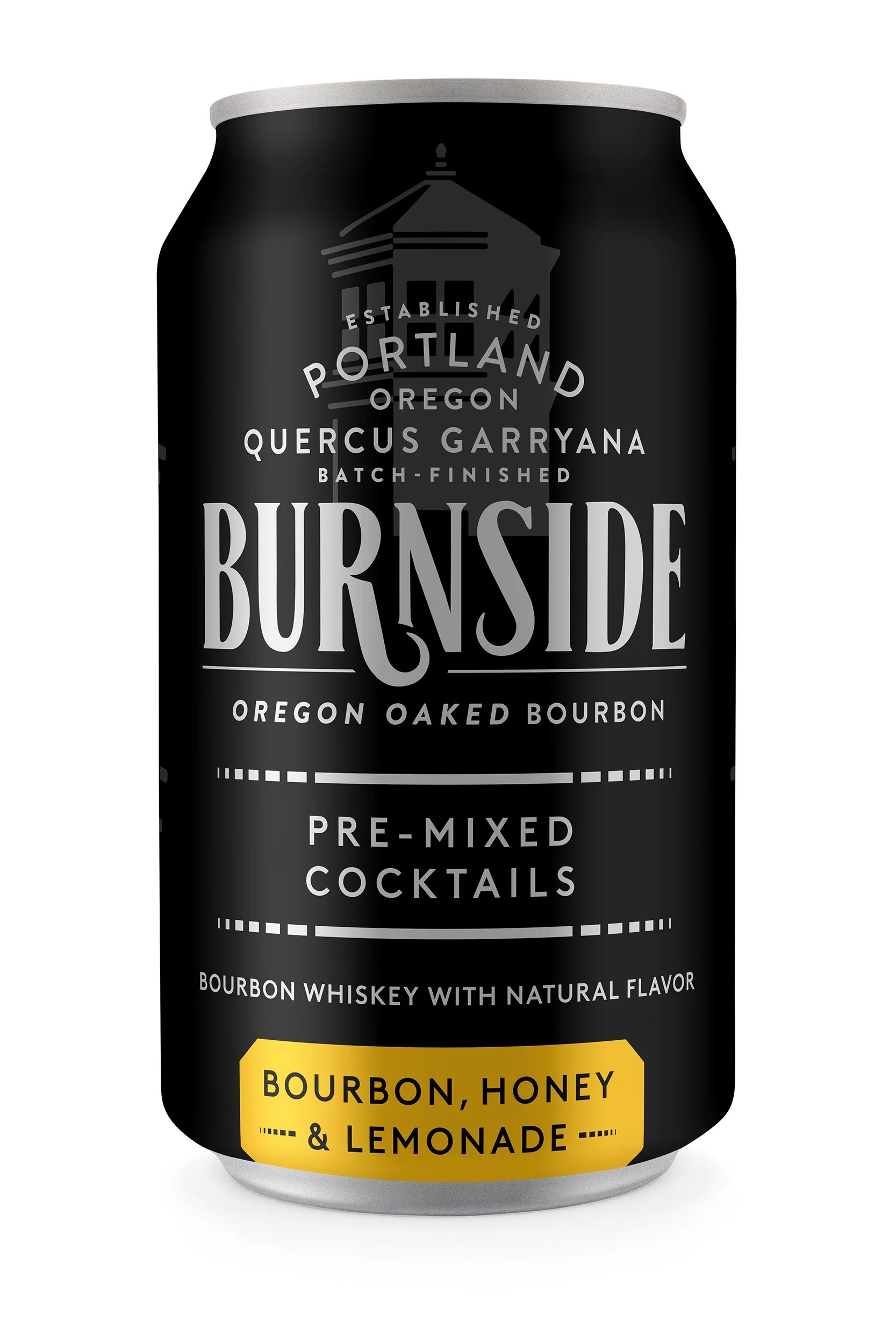A black can of Burnside Bourbon Honey & Lemonade cocktail with yellow label and white text.