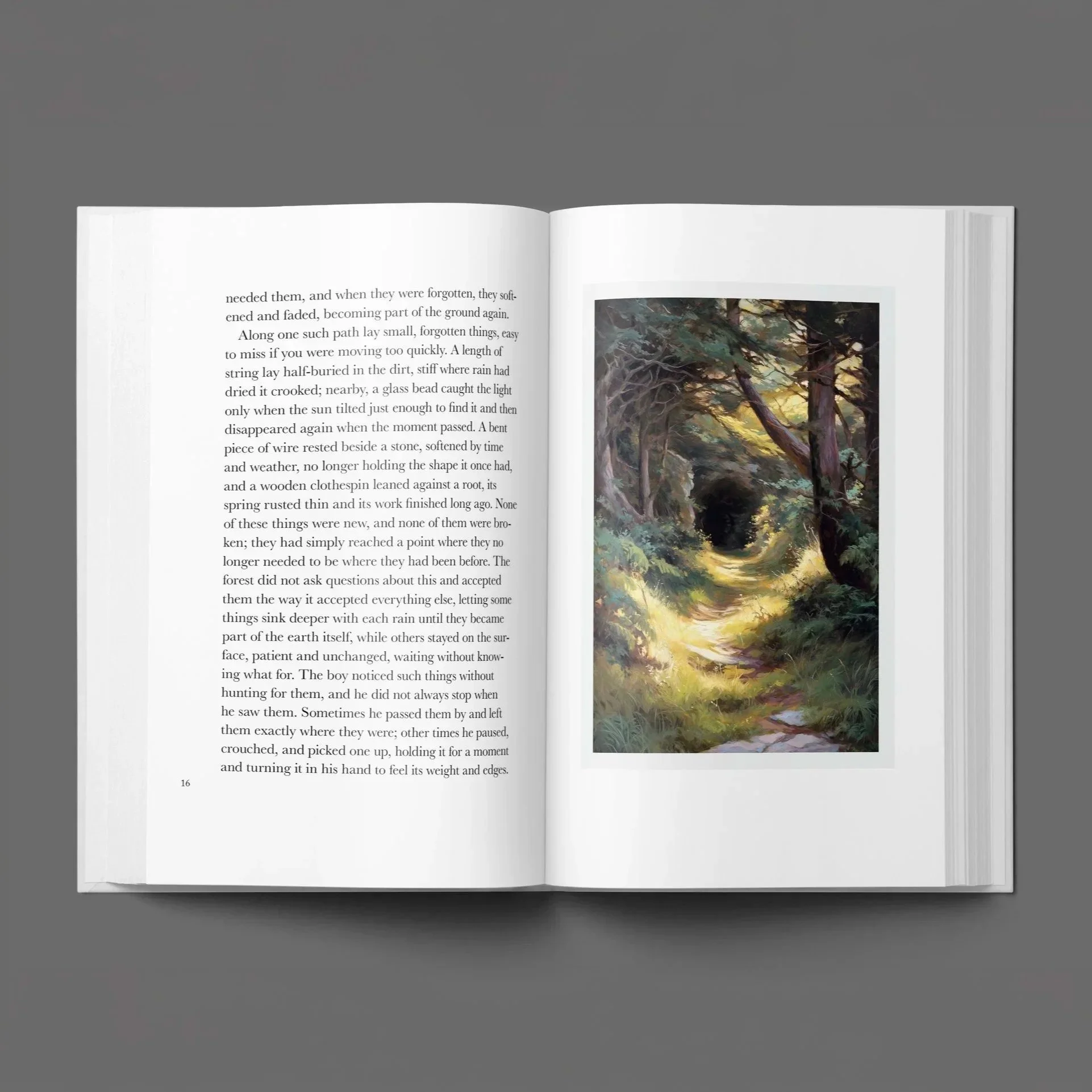 Open book displaying a page of printed text and a colorful painting of a wooded landscape on the right page, against a gray background.