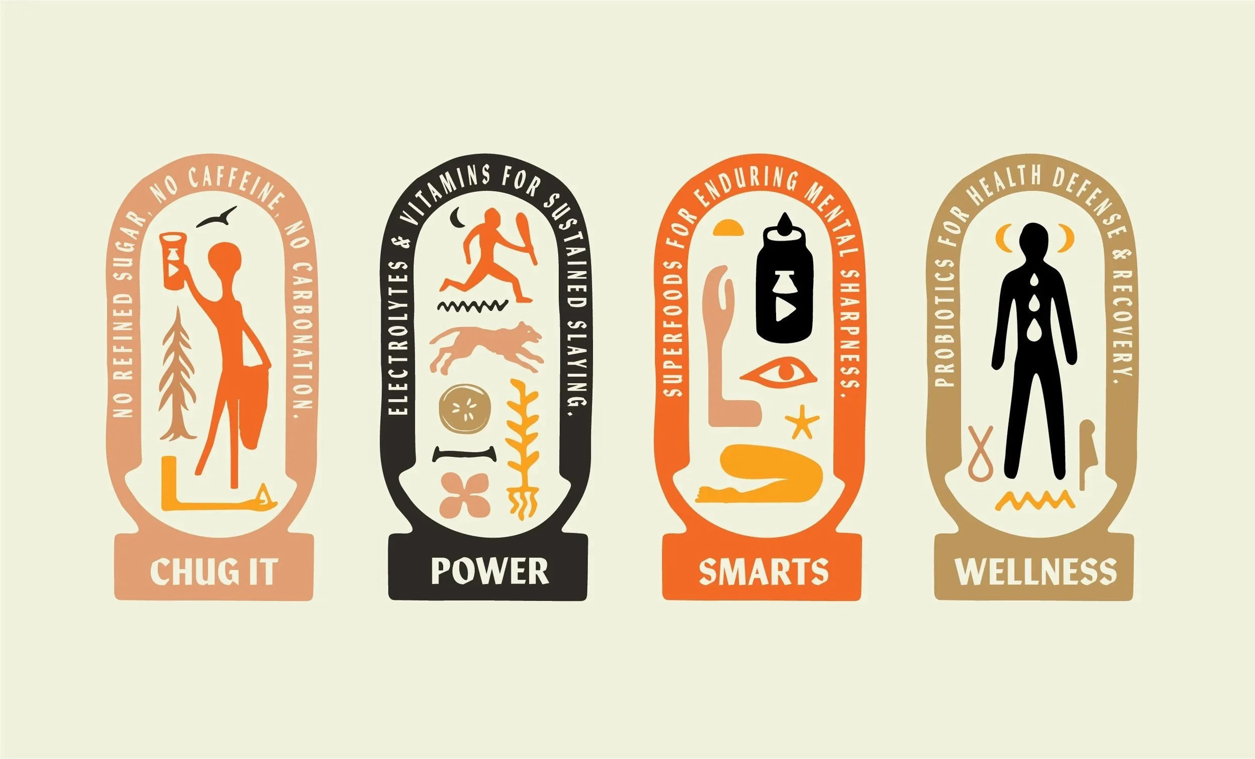 Infographic with four stylized human figures in oval frames, each representing health themes: chug it with a person drinking soda, power with a person running, smarts with a bottle of soda and a shoe, wellness with a person with healing symbols. Text details include 'No refined sugar, no caffeine, no carb' for chug it, 'Electrolytes & vitamins for sustained powering' for power, 'Supplies for enduring mental & physical sharpness' for smarts, and 'Probiotics for health defense & recovery' for wellness.