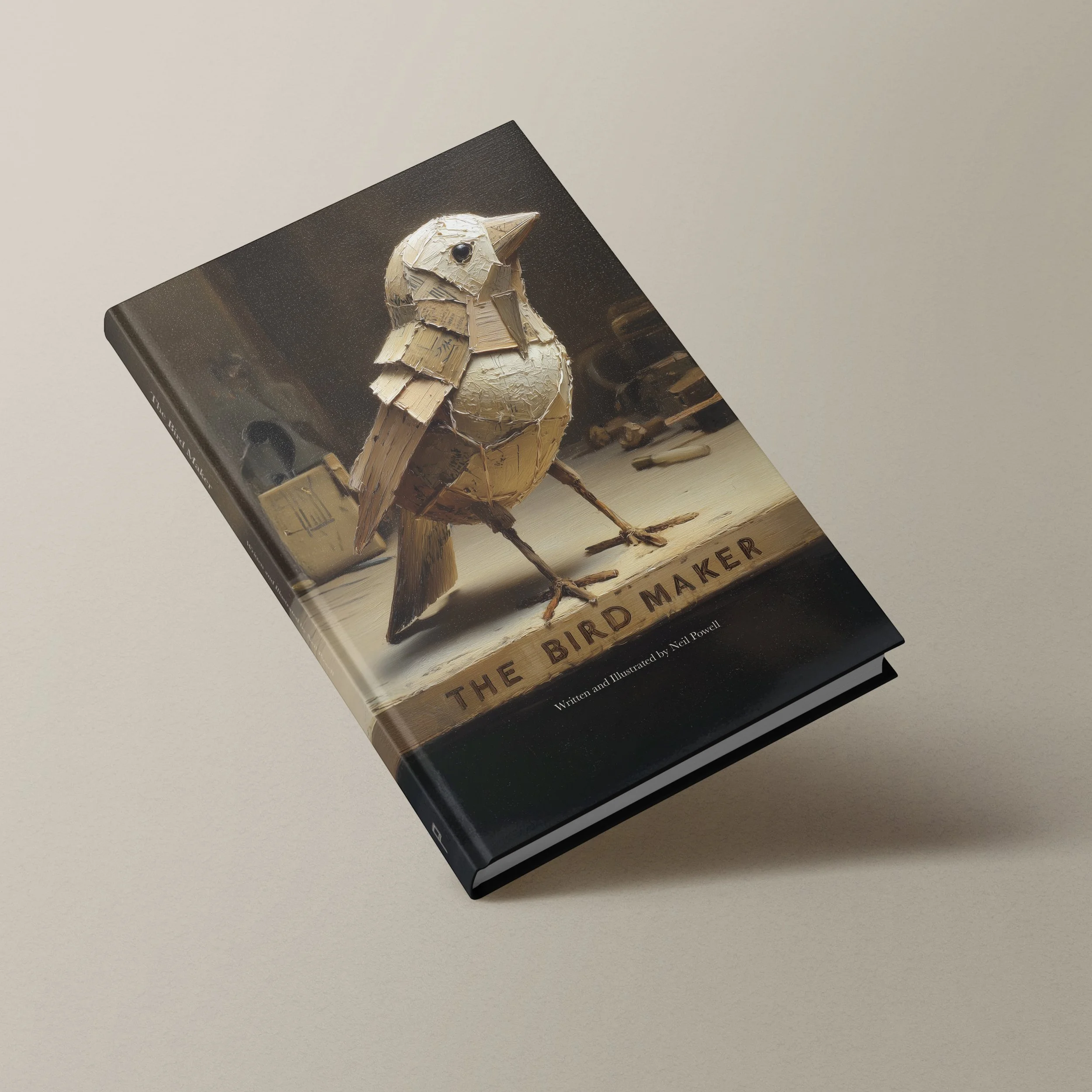 A book titled 'The Bird Maker' features a cover image of a bird crafted from colored paper and twigs, sitting on a branch against a dark background.