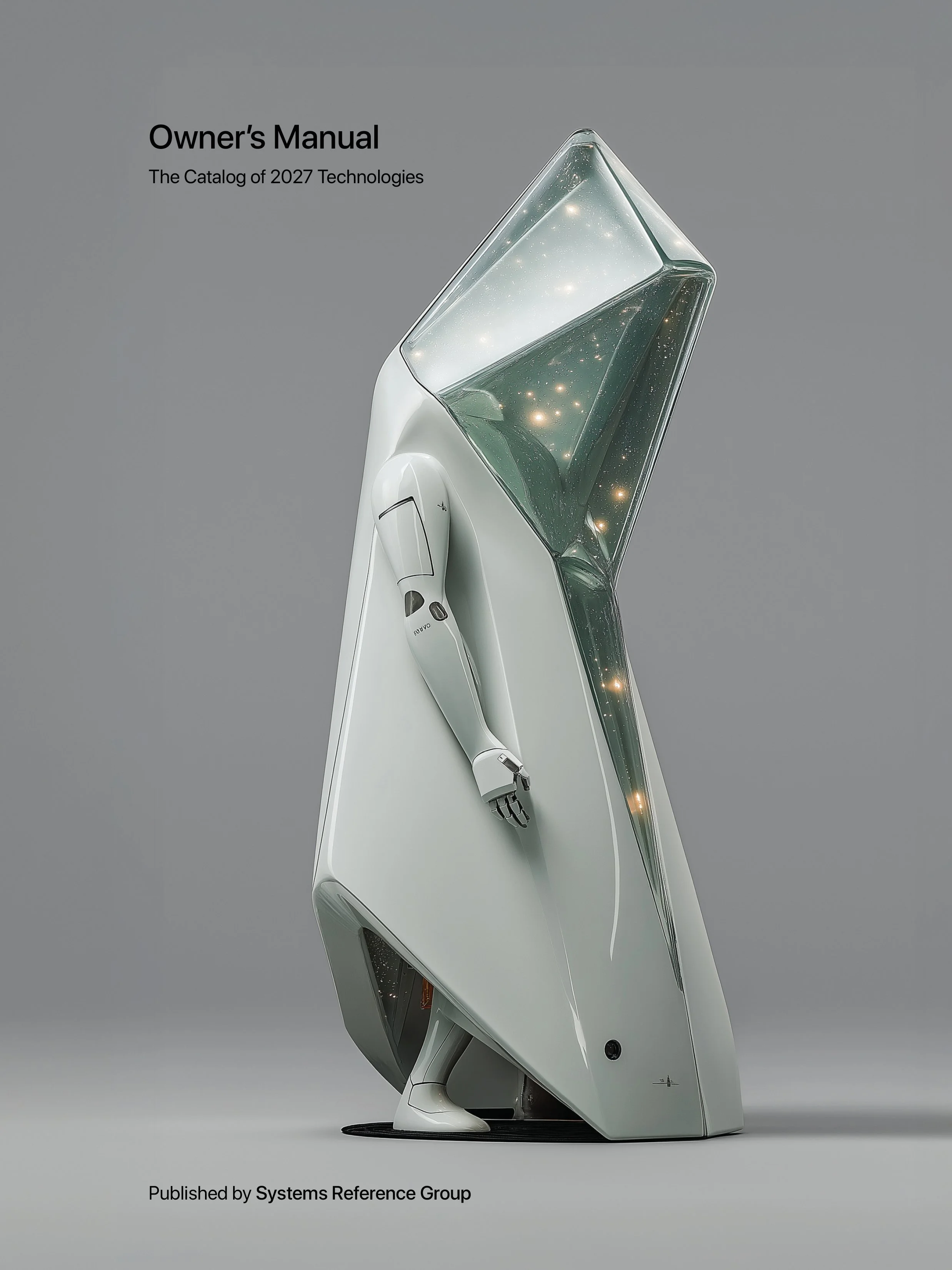 A sleek, futuristic white vehicle with a streamlined design and transparent upper section filled with stars, displayed on a gray background, with a robotic arm attached to its side.