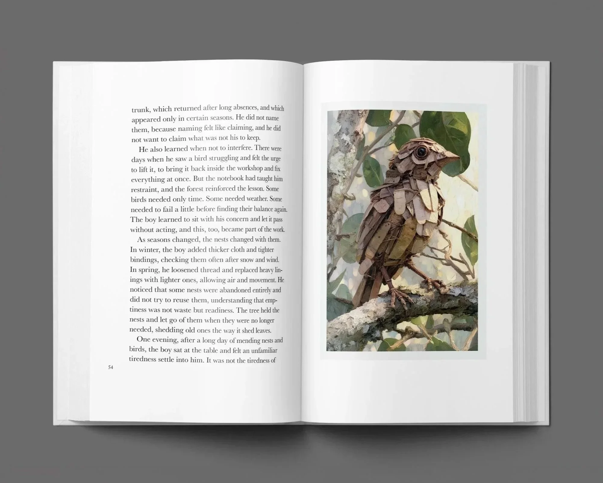Open book with text on the left page and an illustration of a bird made of bark and leaves on a tree branch on the right page.