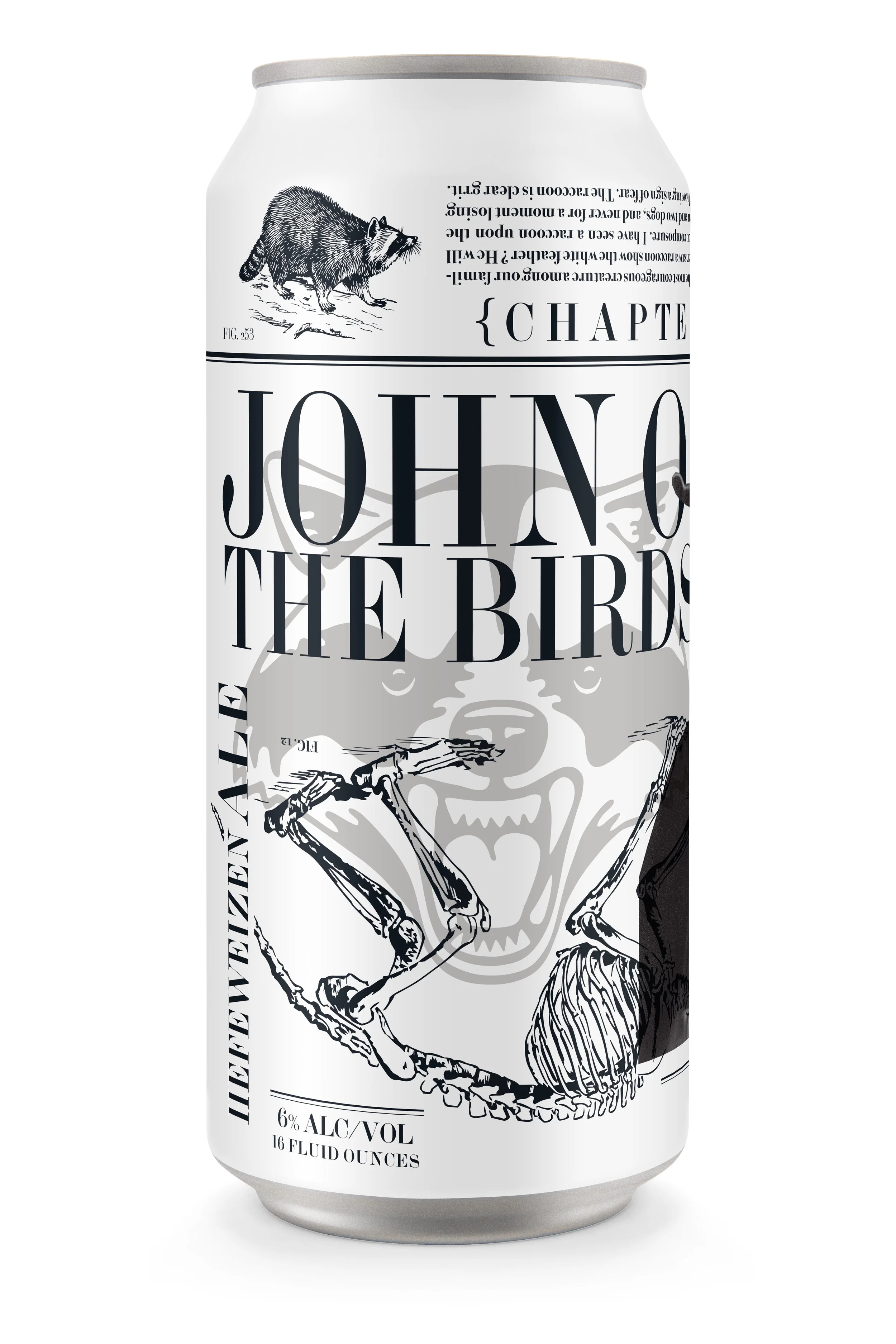 Can of beer with detailed black and white label featuring a skeleton of a bird, a raccoon, and a fox, with the text 'Herzog L' and 'The Wild Curlew'.