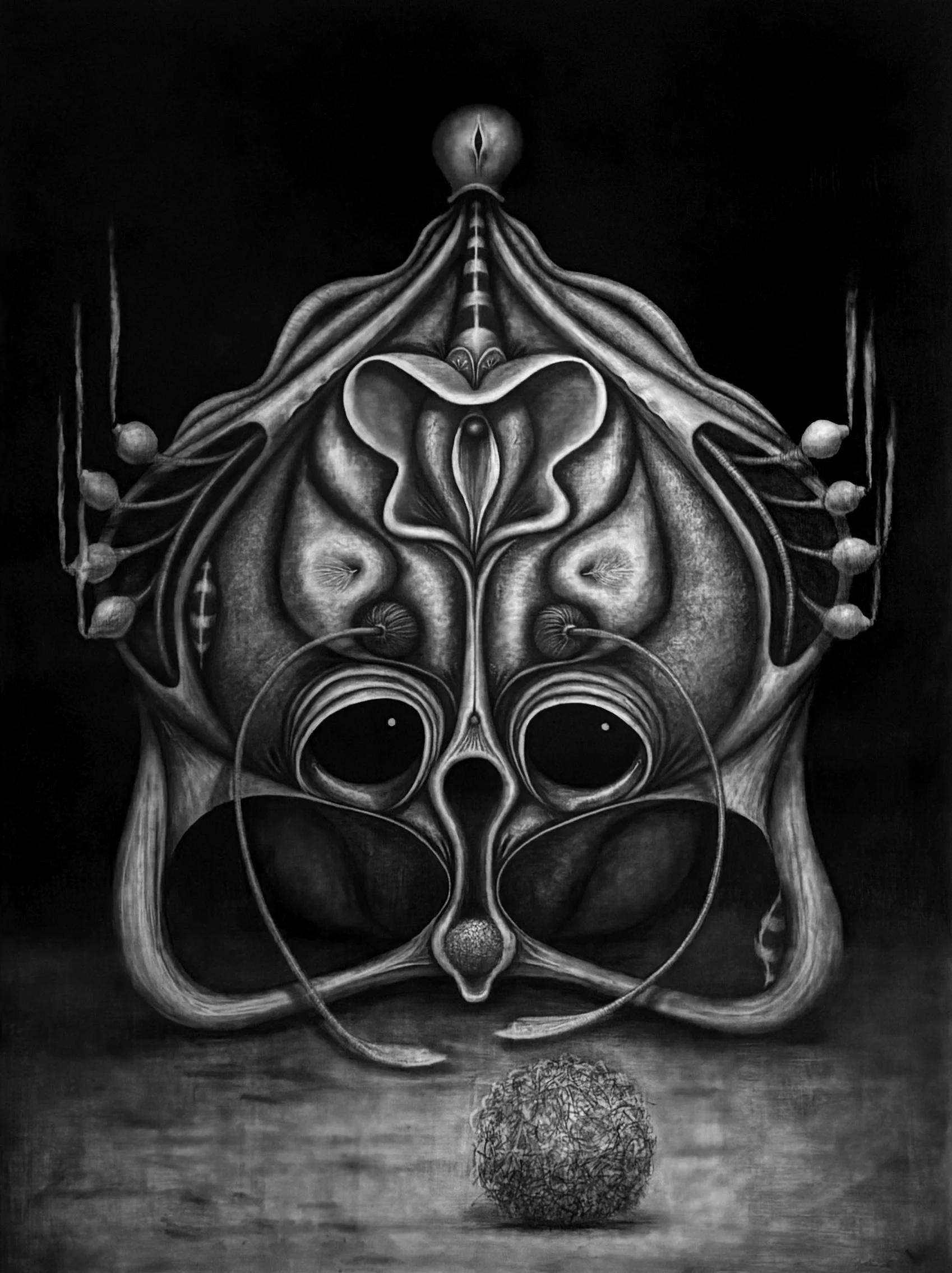 Black and white surreal artwork depicting an alien-like figure with elongated features, large eye sockets, and intricate designs, with a textured sphere beneath it and a triangular pattern above its forehead, set against a dark background.