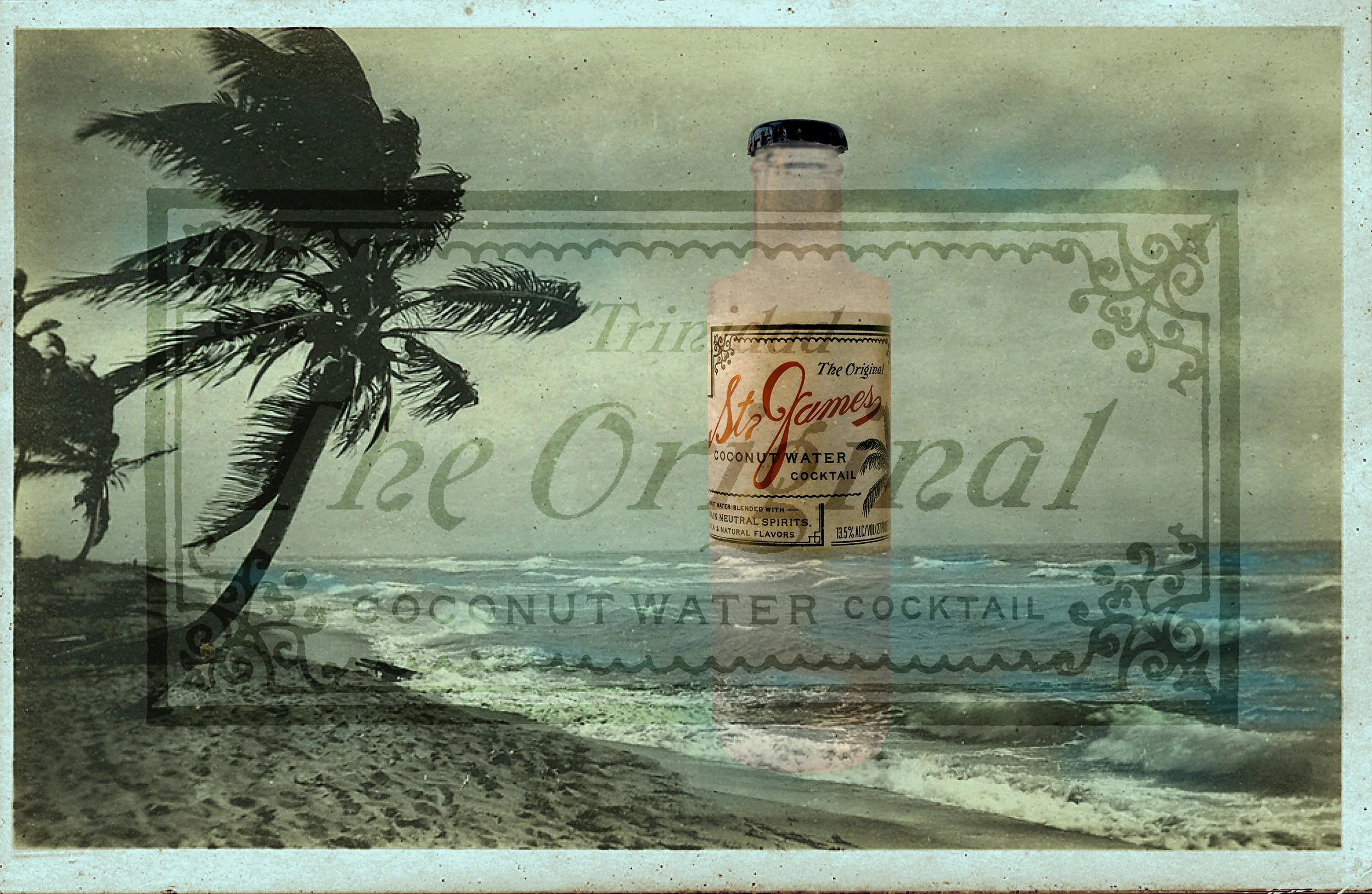 A beach scene with a palm tree on the left and ocean waves crashing on the shore. Overlaid with a semi-transparent label of a coconut water cocktail bottle named 'Mr. Games' in the center, featuring palm trees and decorative borders.