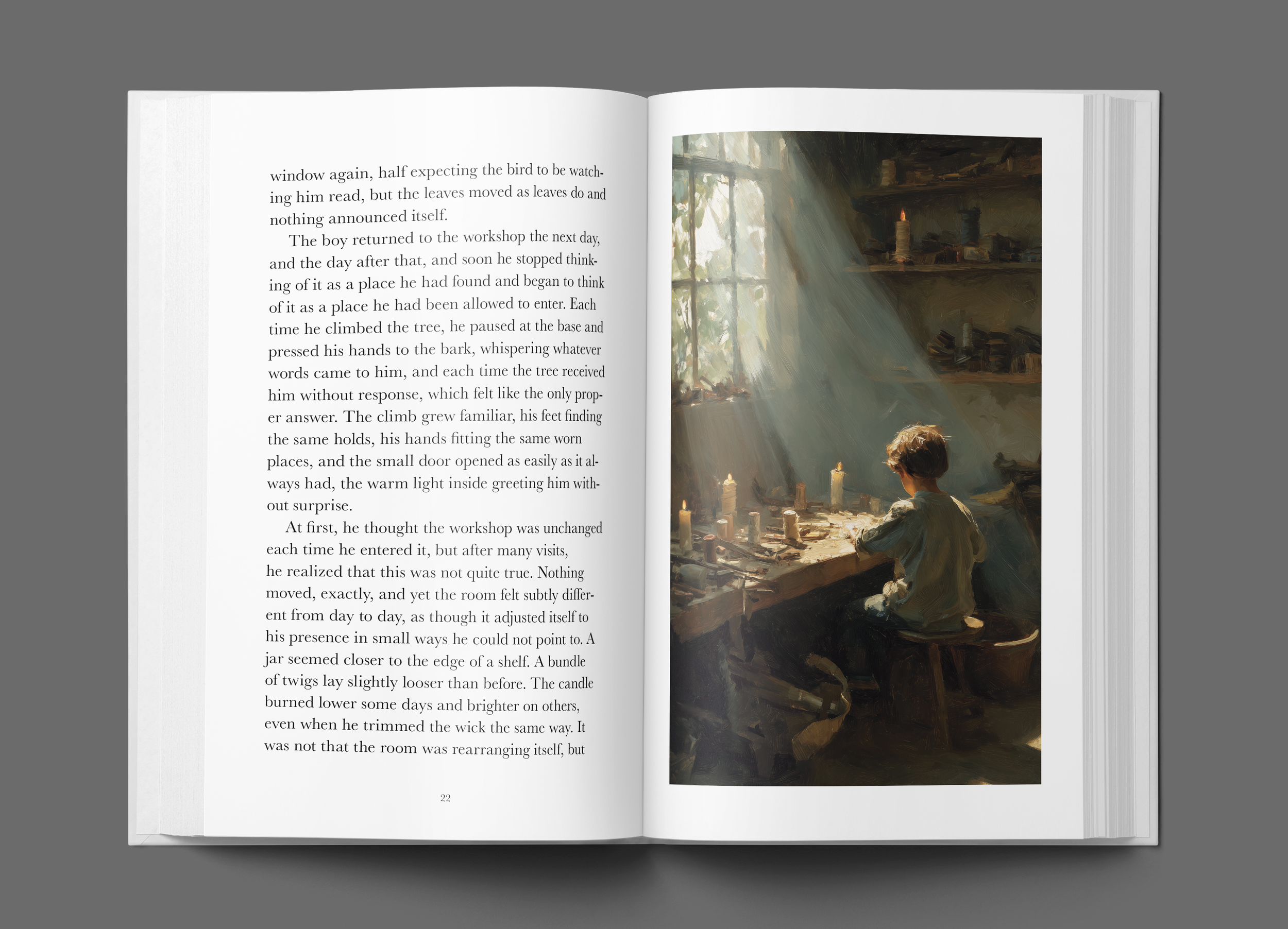 Open book with text on the left page and an illustration on the right page showing a child sitting in a dimly lit room with candles, shelves, and a window with sunlight streaming in.