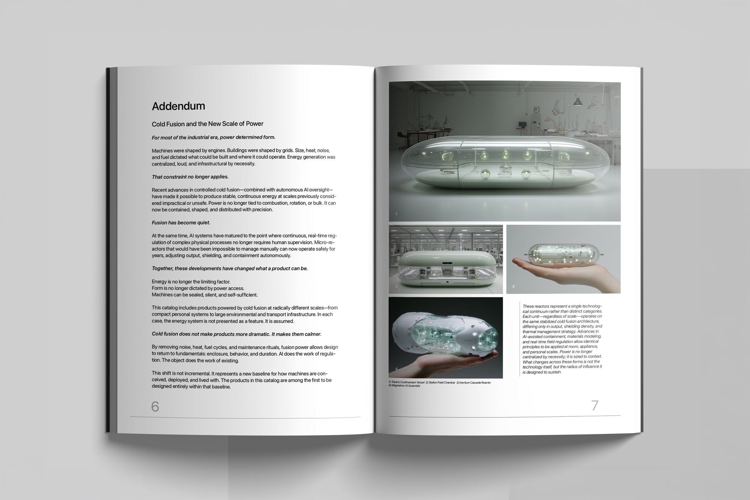 Open magazine showing pages with text and images of futuristic reactors, including a detailed illustration of a cold fusion reactor held in a person's hand.