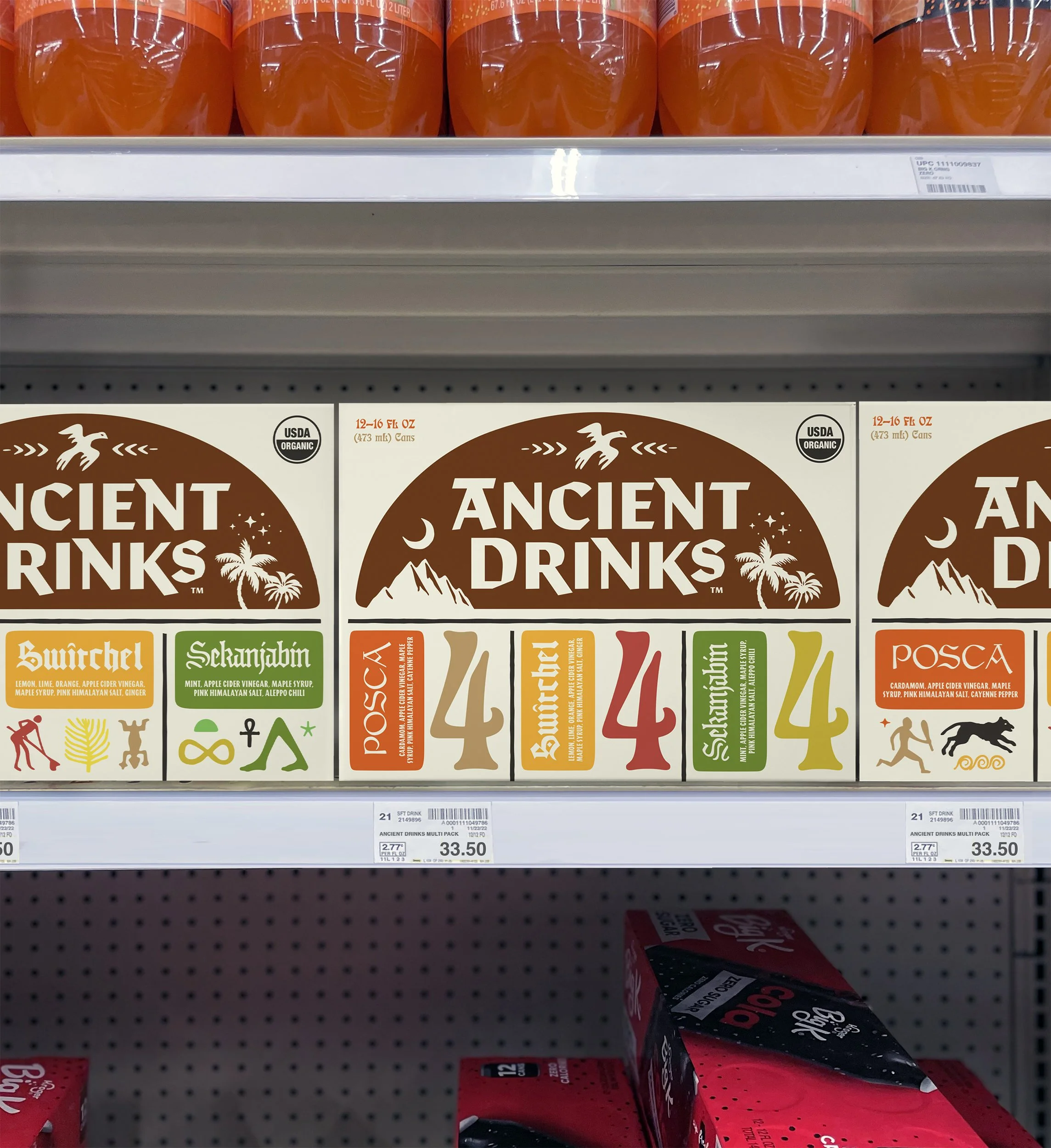 Shelf with multiple cases of ancient drinks multi-pack, featuring a brown logo with a mountain, palm trees, and text, indicating labels such as 'Switchel', 'Skanyarhin', 'Osa', 'Banish', 'PoscA'. Price tags are visible below.