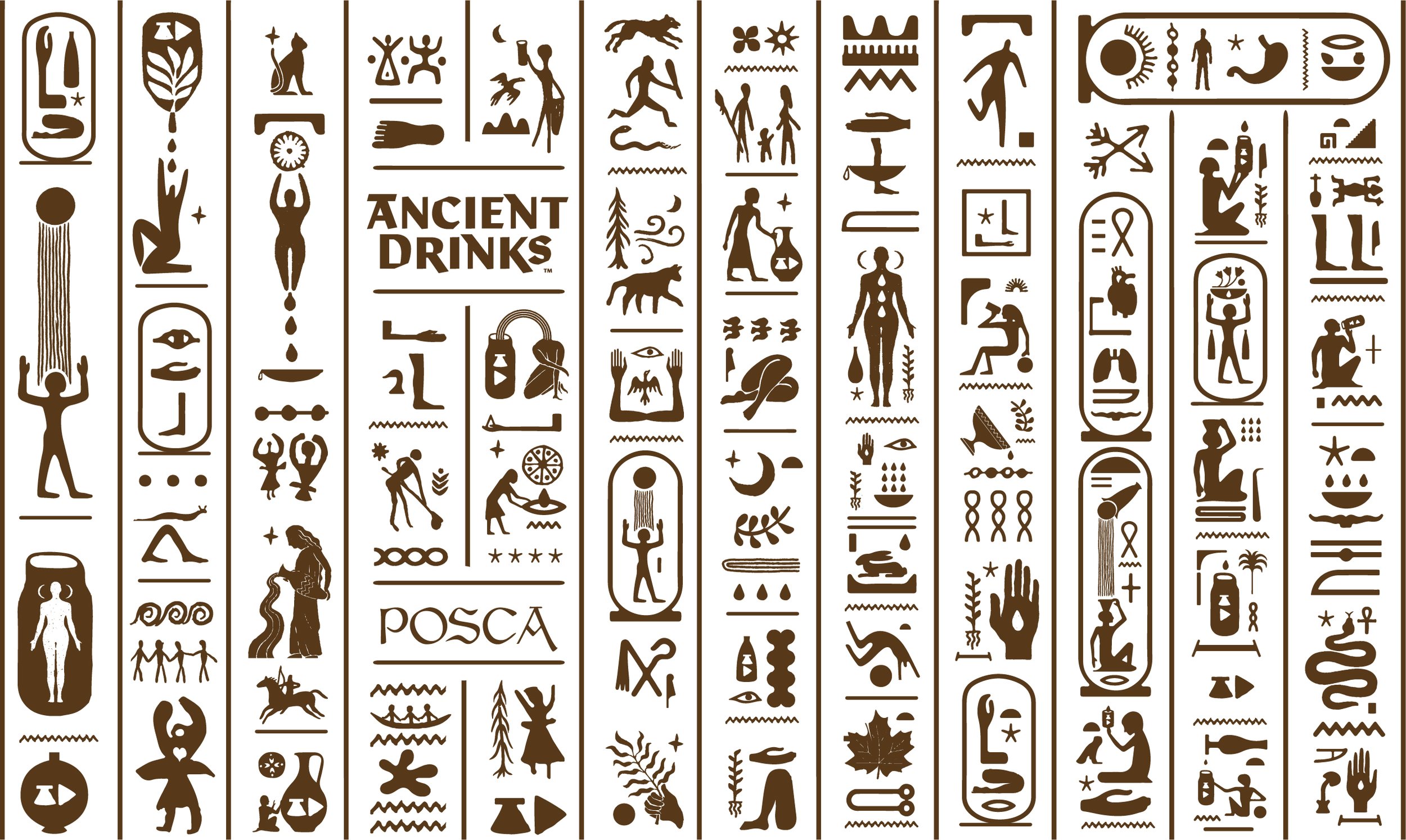 A grid of ancient Egyptian hieroglyphs, featuring symbols such as humans, animals, plants, and abstract shapes, with the phrase 'Ancient Drinks' in the center.