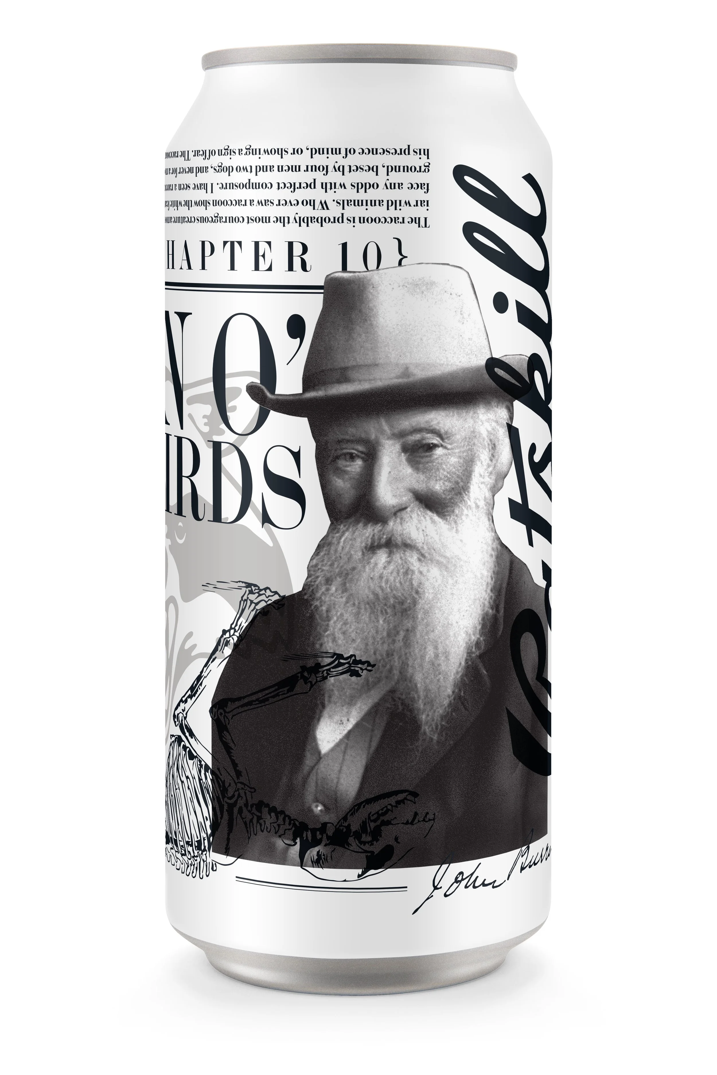 A black-and-white illustration of a portrait of a bearded man with a hat on a soda can. The can has text and signatures around the image.
