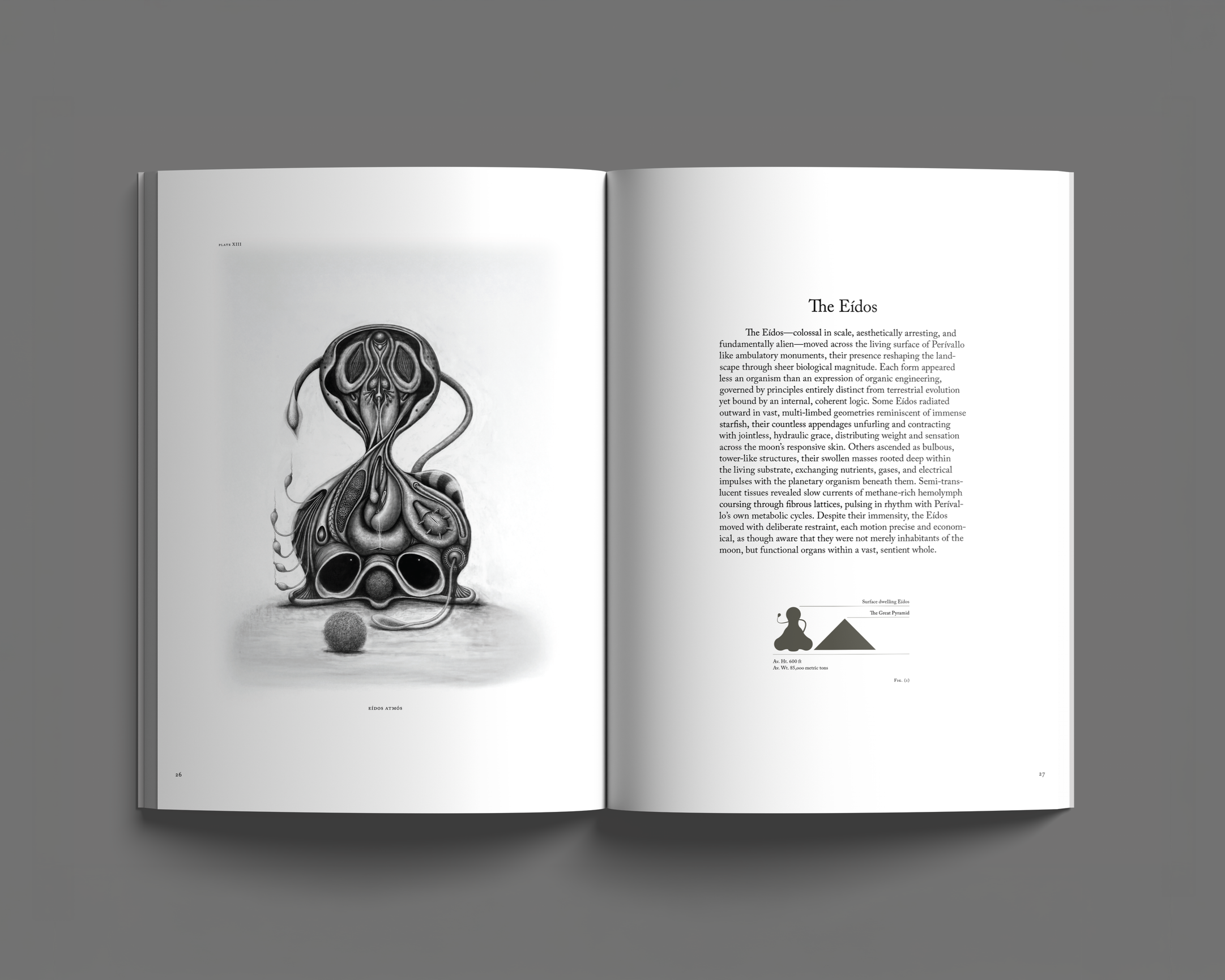 Open book showing a black and white drawing of a surreal, abstract creature with multiple eyes, tentacle-like limbs, and a pear-shaped head, accompanied by text and diagram on the right page.
