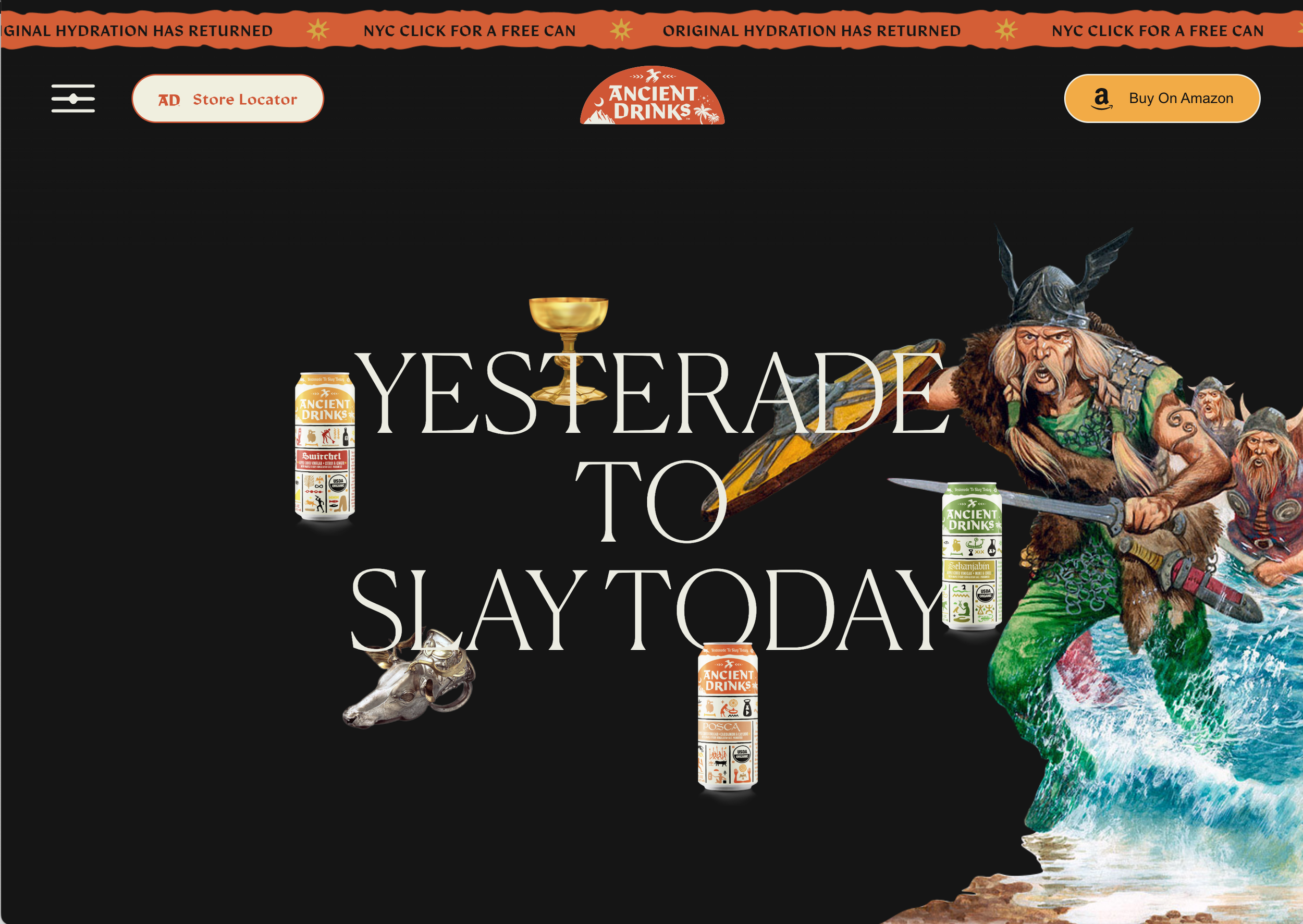 Website promoting Ancient Drinks with fantasy-themed character dressed as a warrior, a dinosaur head, Viking skull, and colorful background elements.