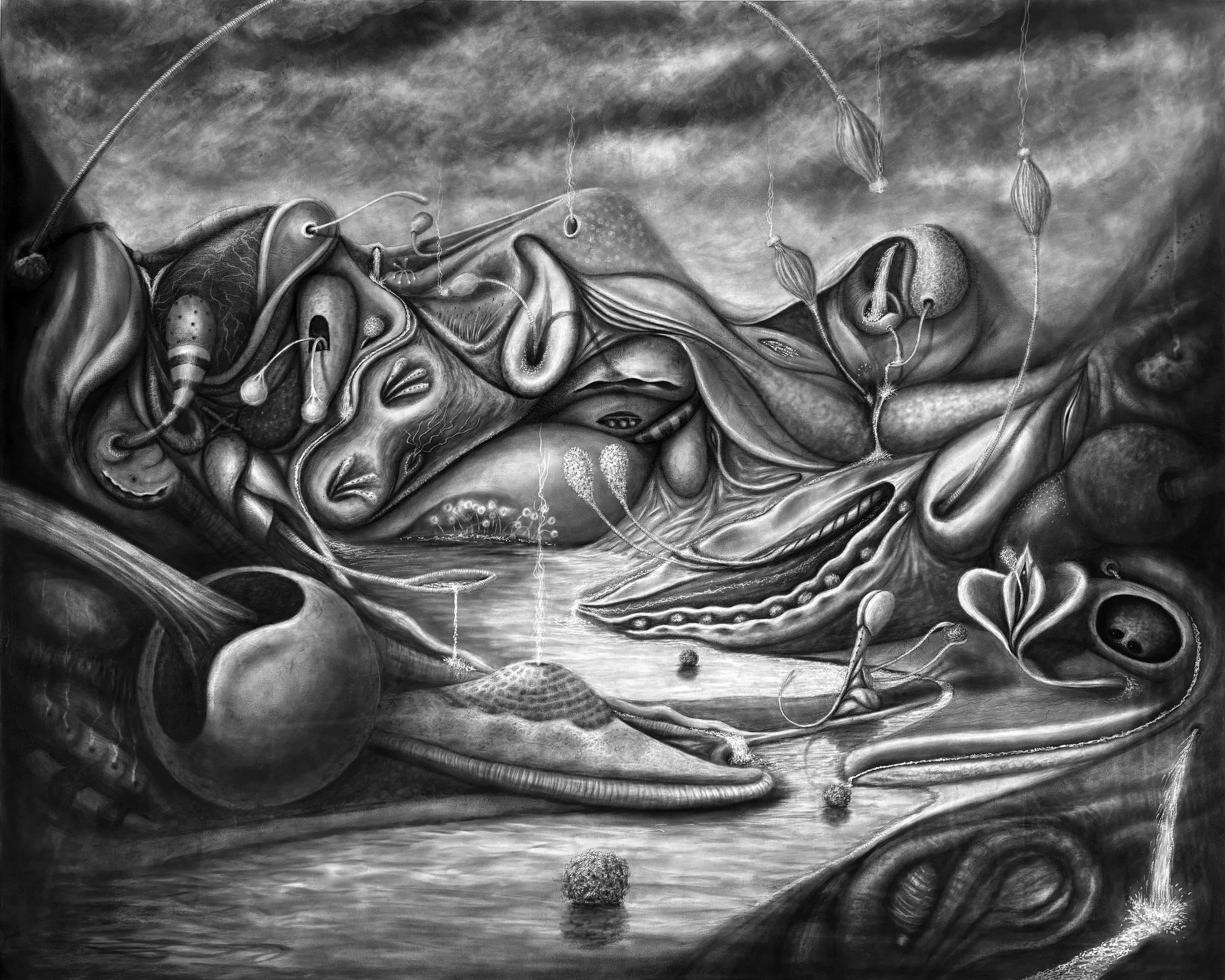A surreal black-and-white artwork depicting an abstract scene with various organic and mechanical elements intertwined, including tubes, spheres, and flowing forms, creating a complex, dreamlike landscape.