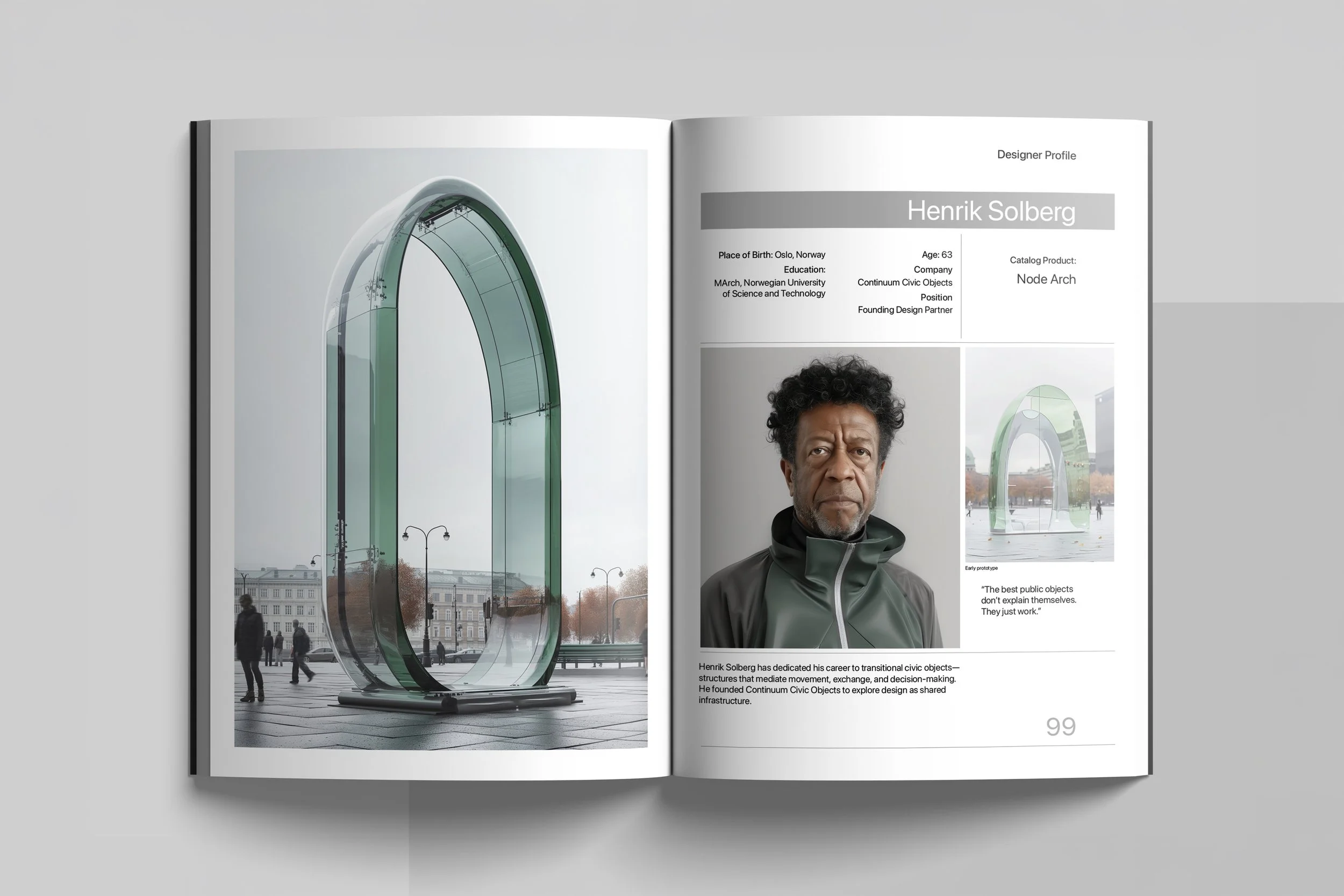 Open magazine showing a photo of a modern, glass arch sculpture outdoors in a city plaza, with people walking nearby. The right page features a profile of designer Henrik Solberg, including his photo, biography, and design focus.
