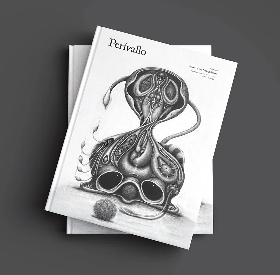 Black and white illustrated book cover titled 'Perivallo', featuring a surreal, anatomical-style drawing of a creature with various organic and mechanical elements, placed on a dark surface.