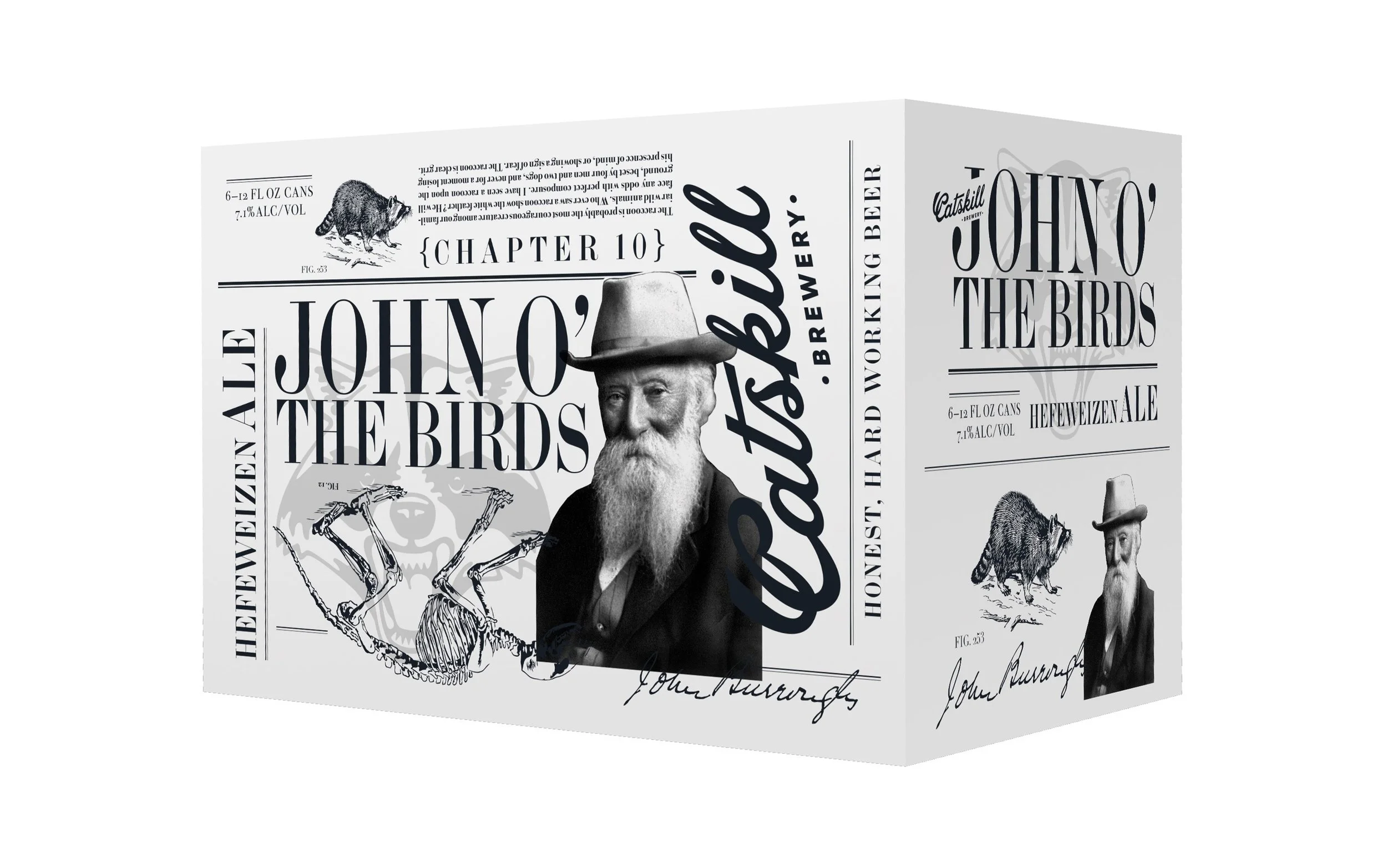 Black and white packaging box for a beverage featuring a vintage design with a portrait of a bearded man wearing a hat, a small illustration of a bear, and various text elements including 'John the Birds' and 'Chapter 10'.