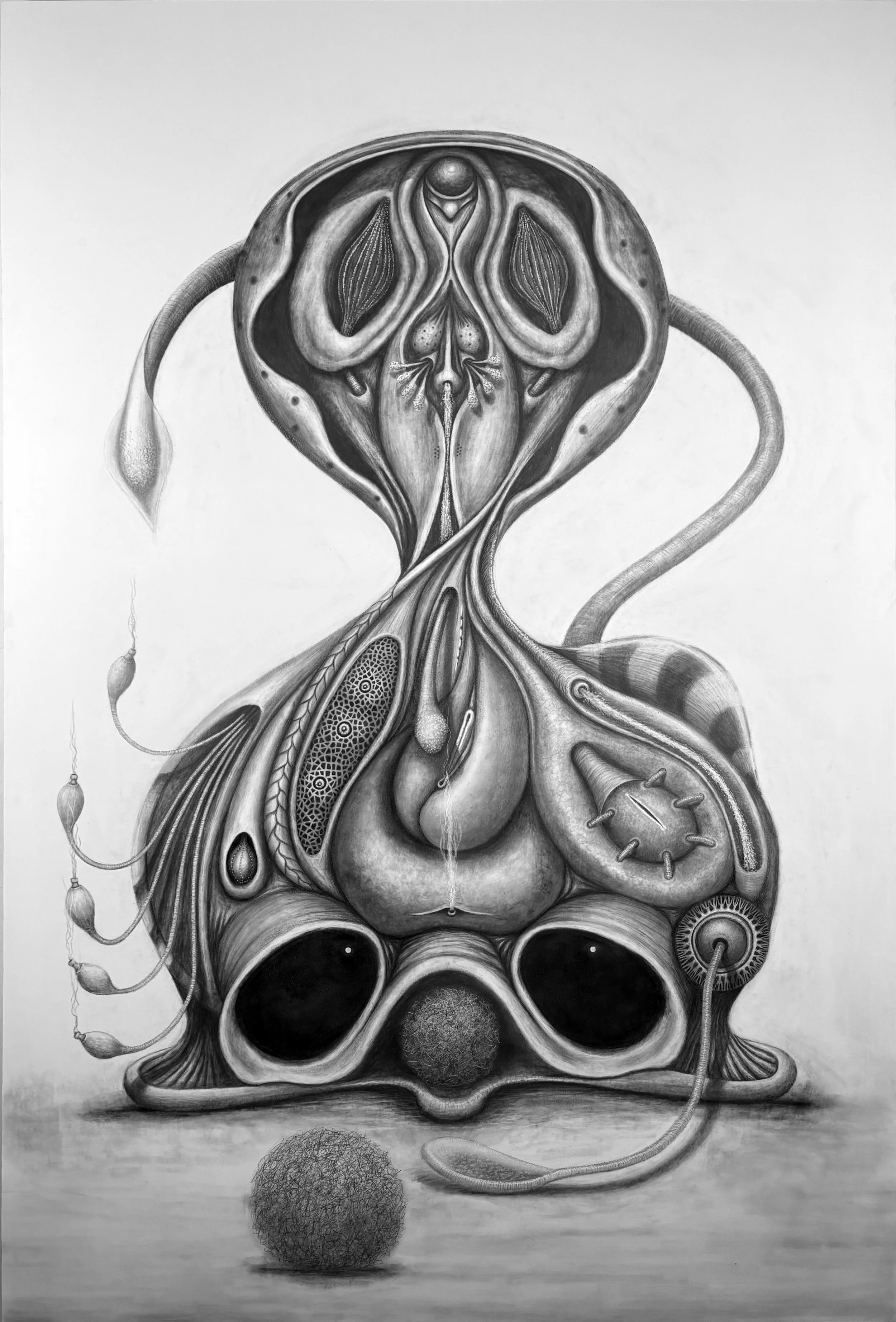 Black and white surreal drawing of a creature with a mix of human and animal features, with various abstract shapes, textures, and spheres surrounding it.
