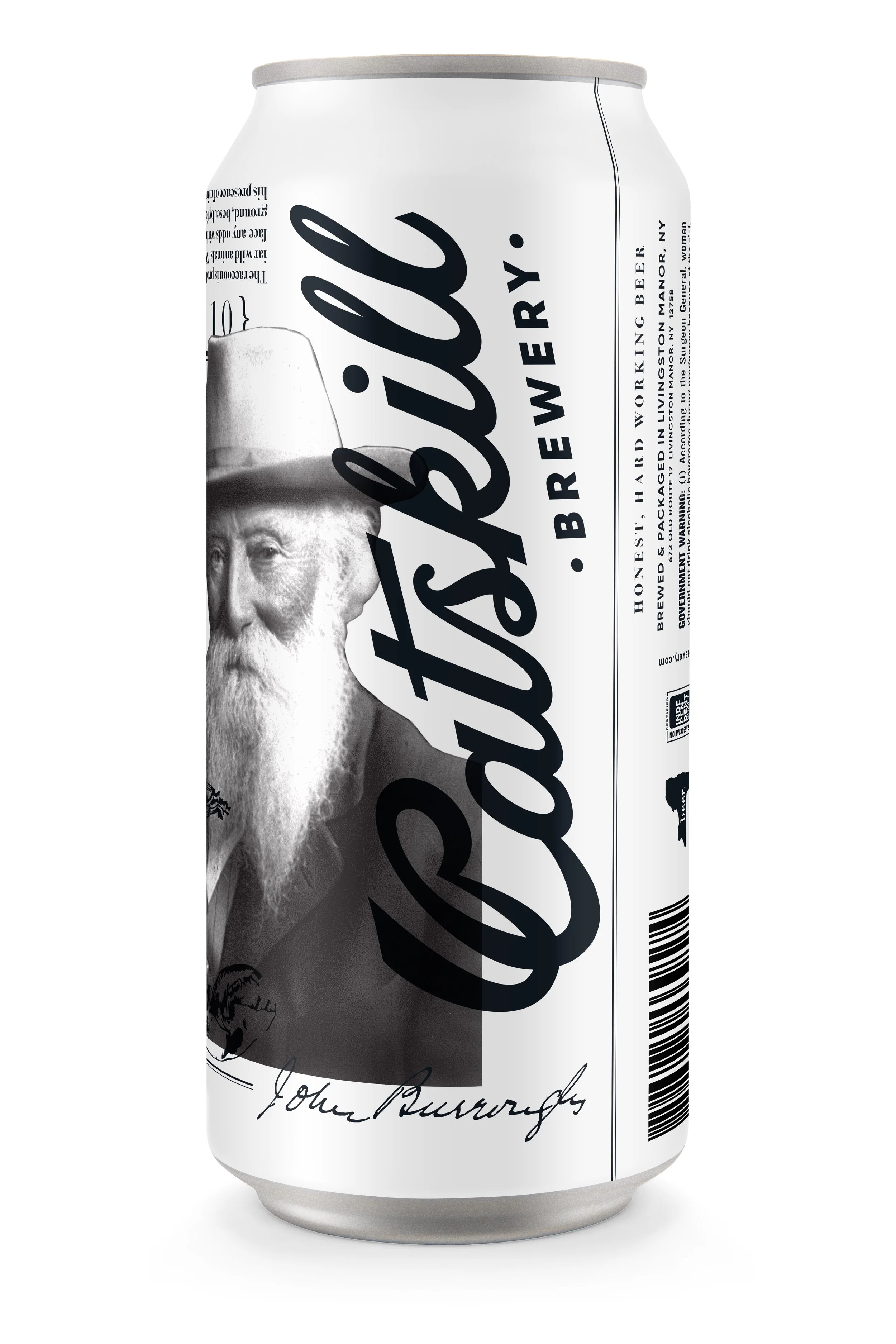 A white aluminum can with a black and white portrait of George Washington, the signature of John Adams, and the words 'Washington' and 'Brewed in Washington, NY'.