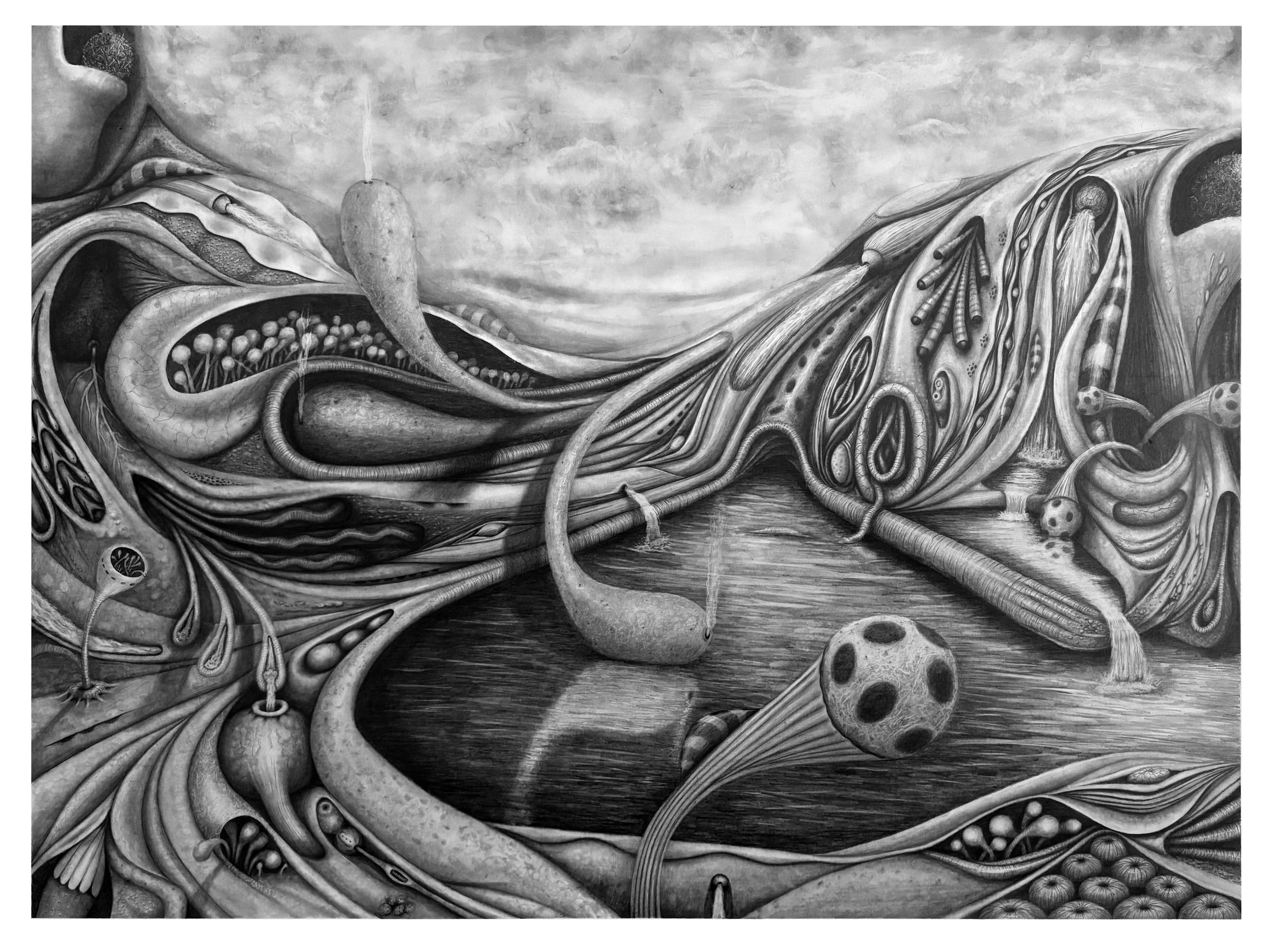 Black and white surreal artwork depicting two faces in profile with intricate, abstract organic shapes, tubes, and patterns, connected by a flowing, water-like surface in a dreamlike scene.