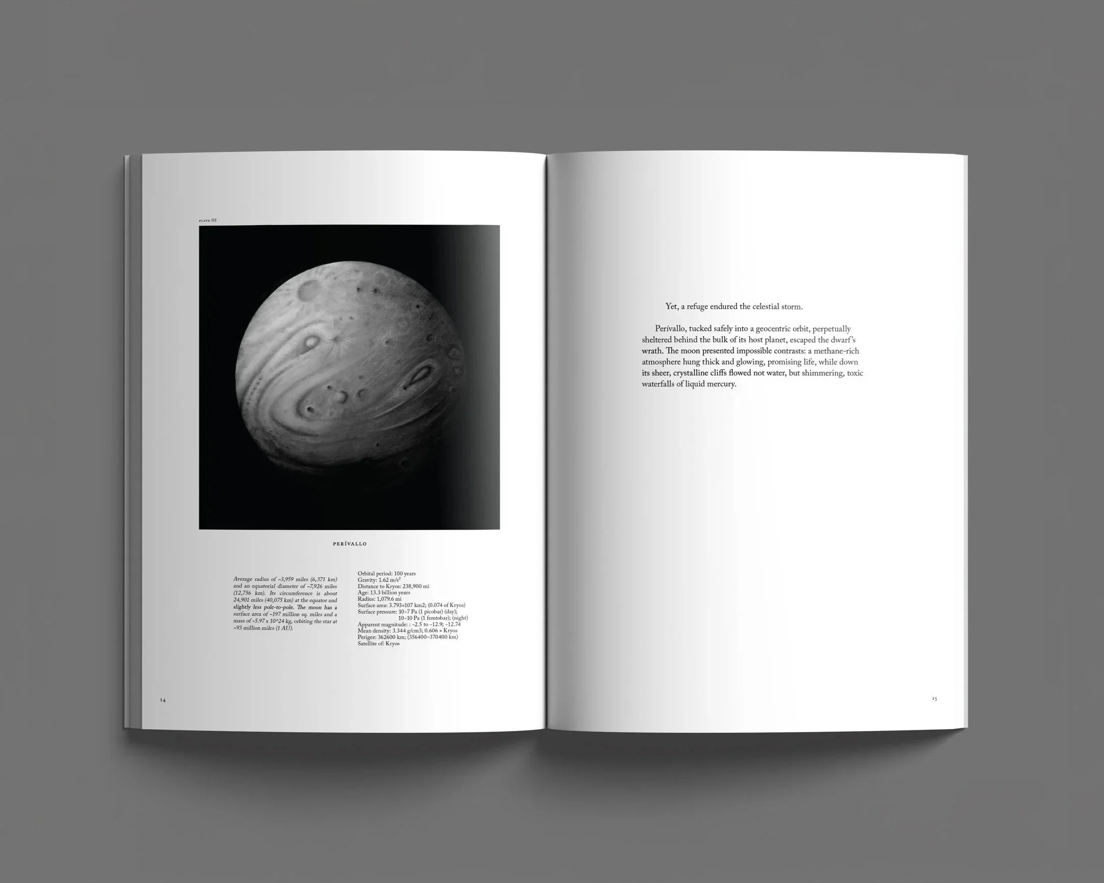 Open book showing a black-and-white photograph of Jupiter on the left page and descriptive text on both pages, with a gray background.