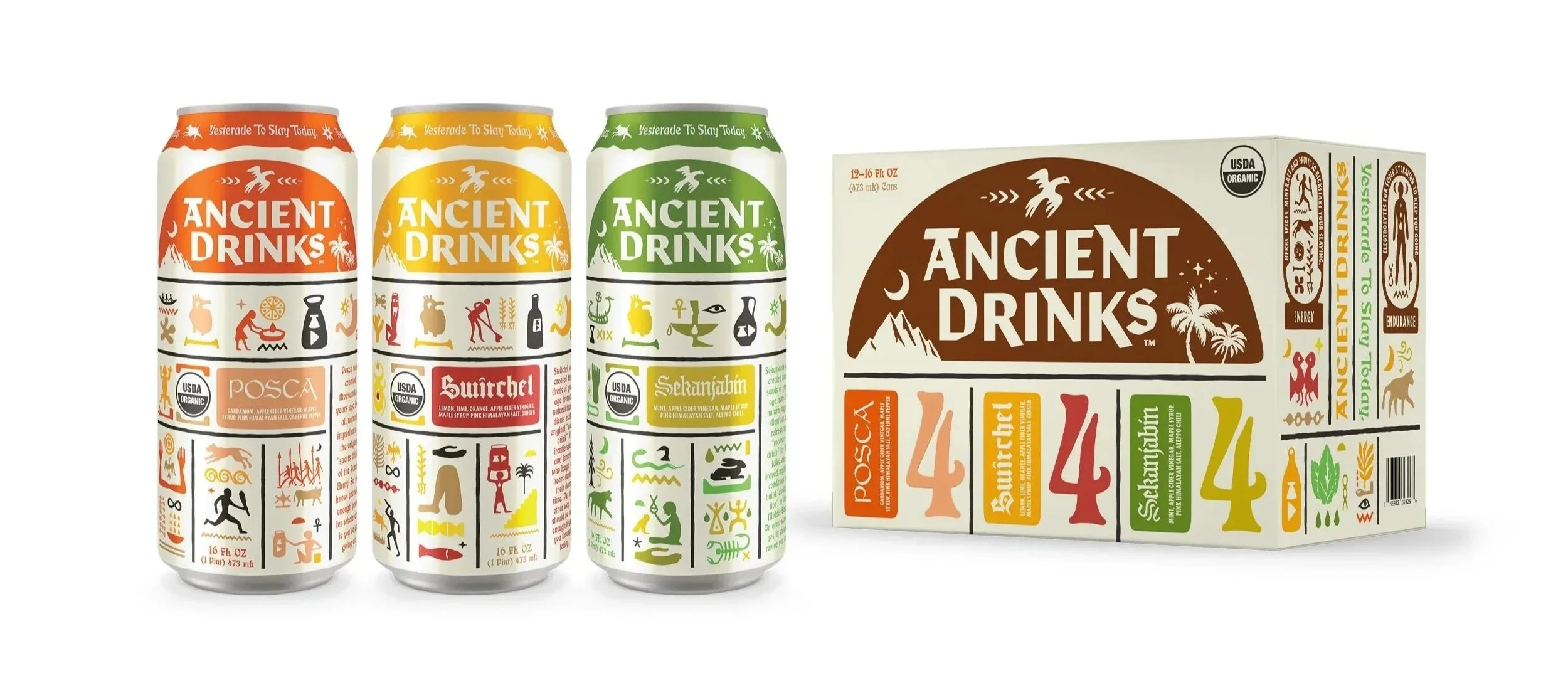 Set of four cans and a box of Ancient Drinks, featuring colorful, illustrated labels with symbols and patterns inspired by ancient civilizations.