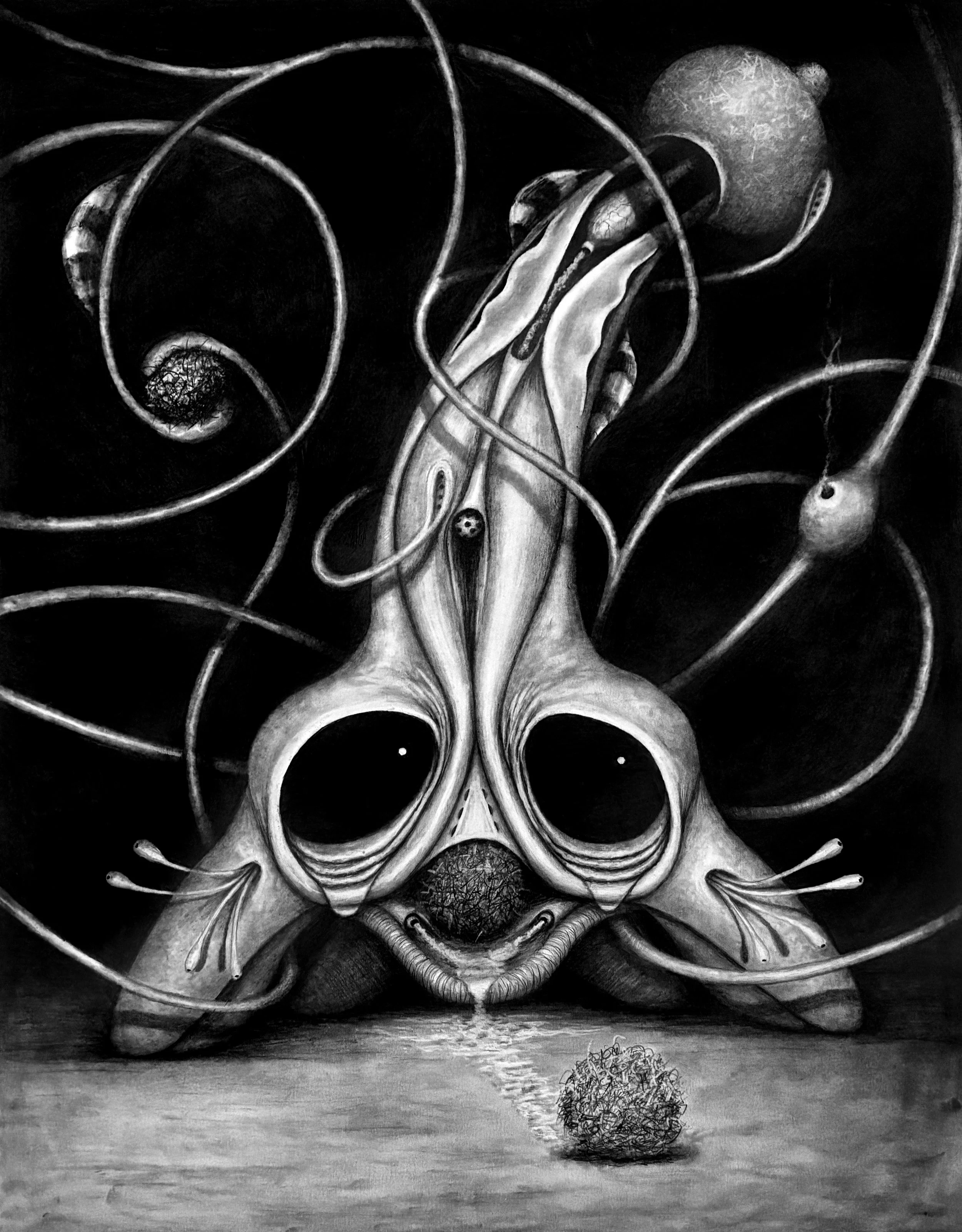 Black and white surreal artwork of a humanoid figure with large, branching hairstyle and anatomical features, with planets and swirling lines in the background and a small, scribbled ball on the ground.
