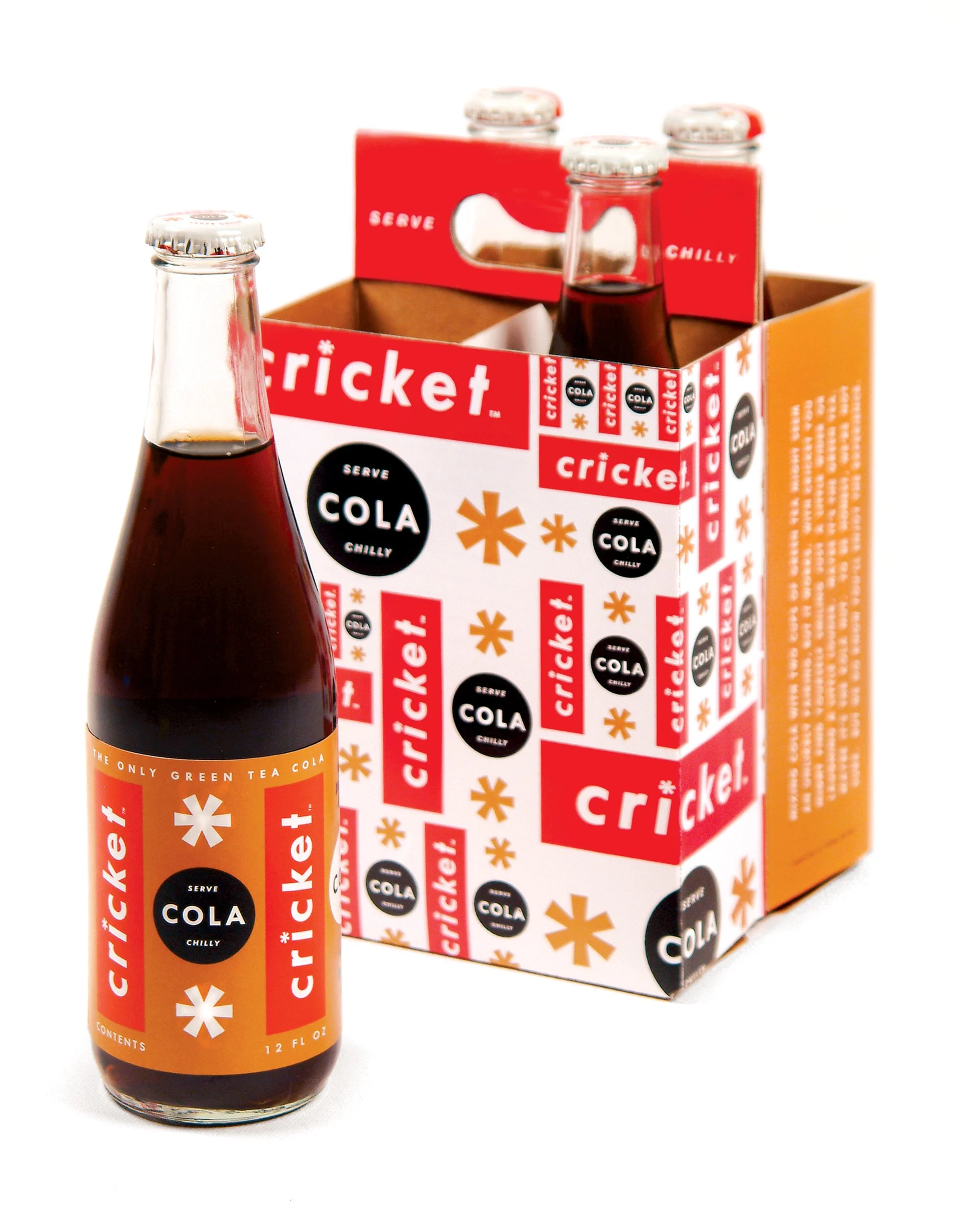 A bottle of green tea cola in front of a half-open cardboard box with a red cardboard inner sleeve and a yellow outer sleeve, featuring red, white, and black text and graphics.