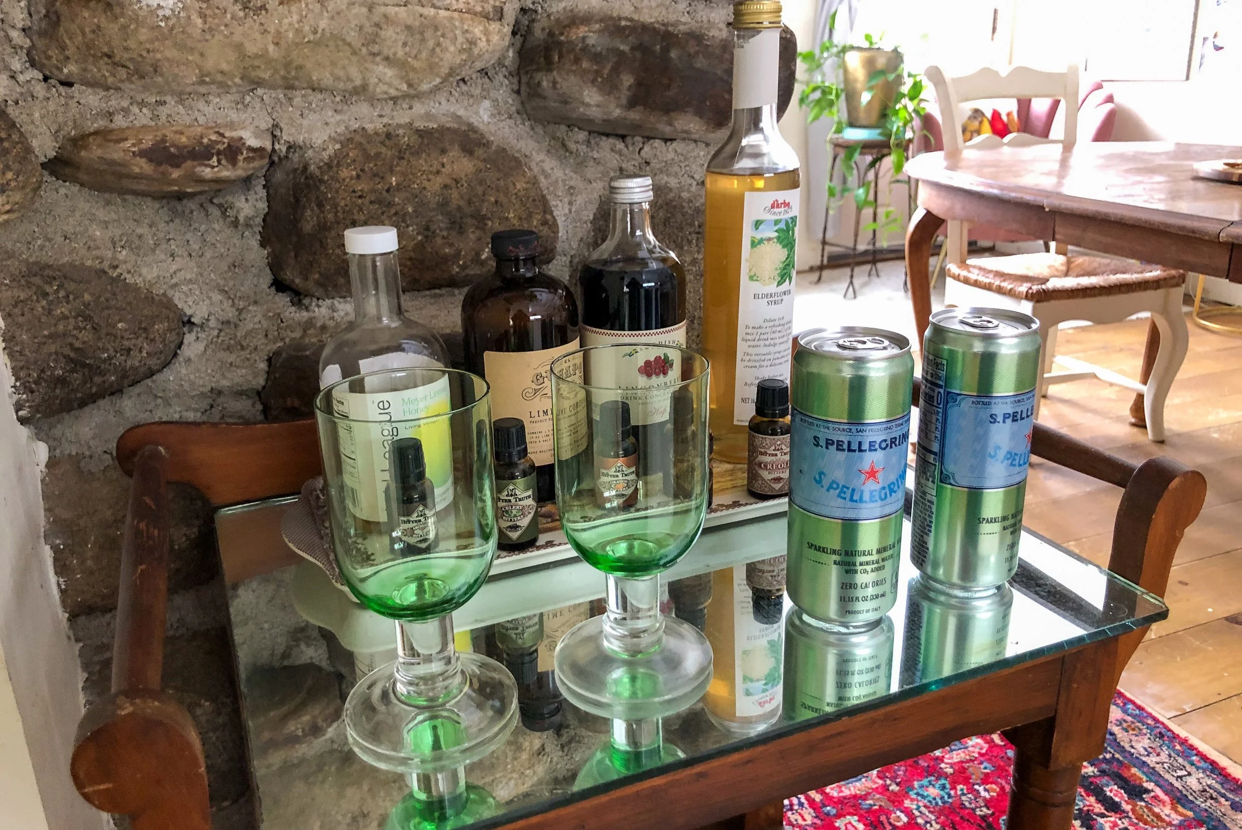 Our cocktail bar offers sparkling water, cordials, and bitters for an adult treat or a virgin mocktail.