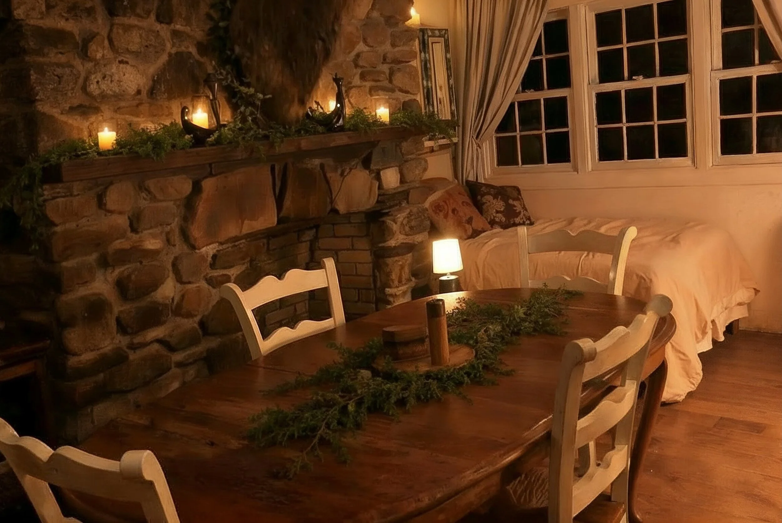 Our dining area next to the fireplace invites warm conversation and a casual, open-concept dining experience next to the kitchen.