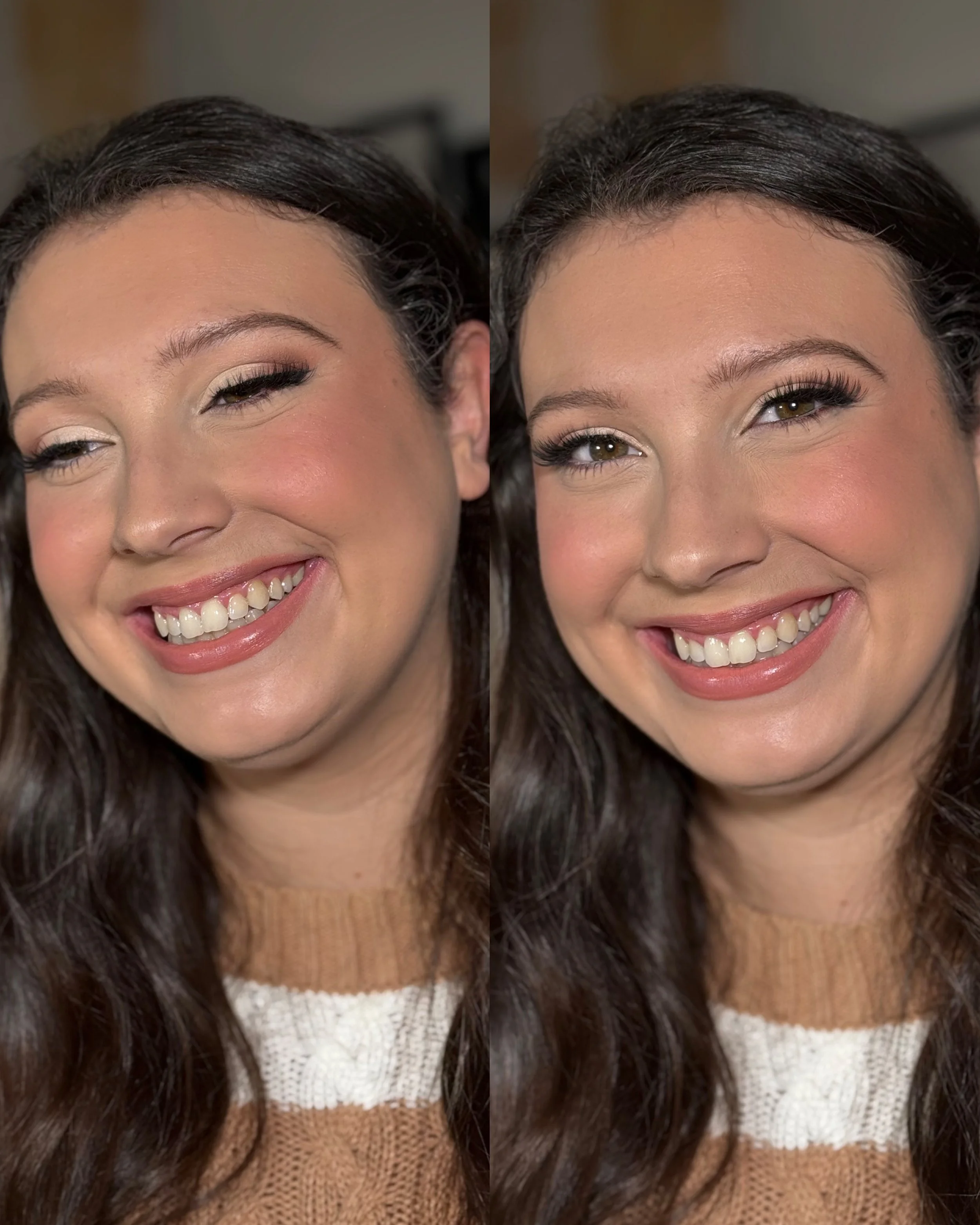 Close-up of a smiling woman with dark hair, wearing makeup, and a cozy tan and white sweater.