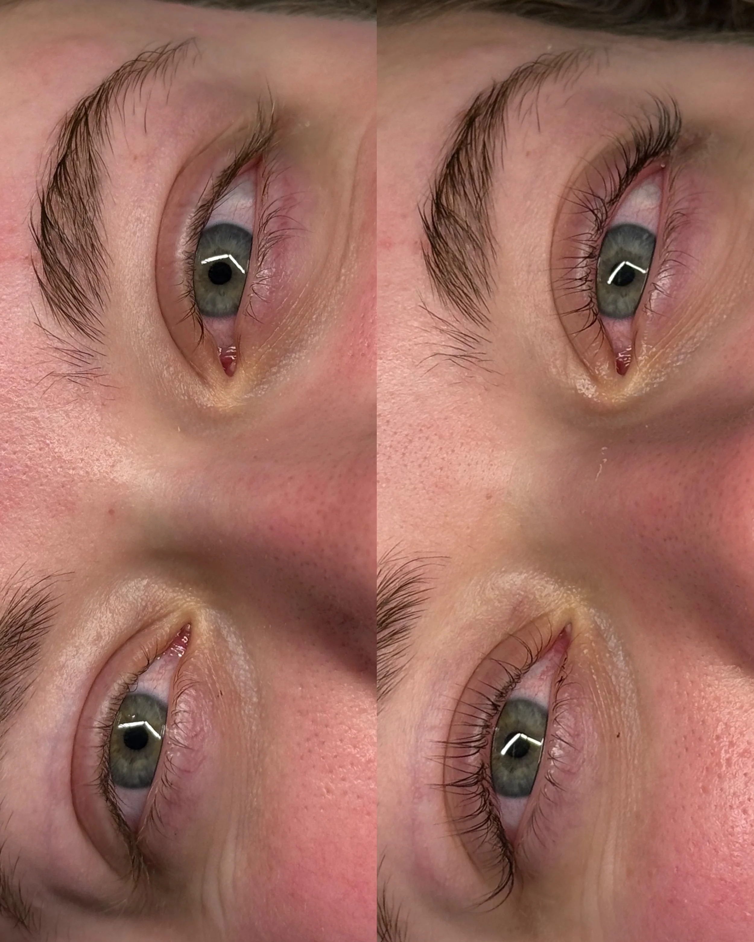 Close-up of a person's eye with natural eyebrow and long eyelashes, showing a before and after comparison of eyelash enhancement or makeup application.