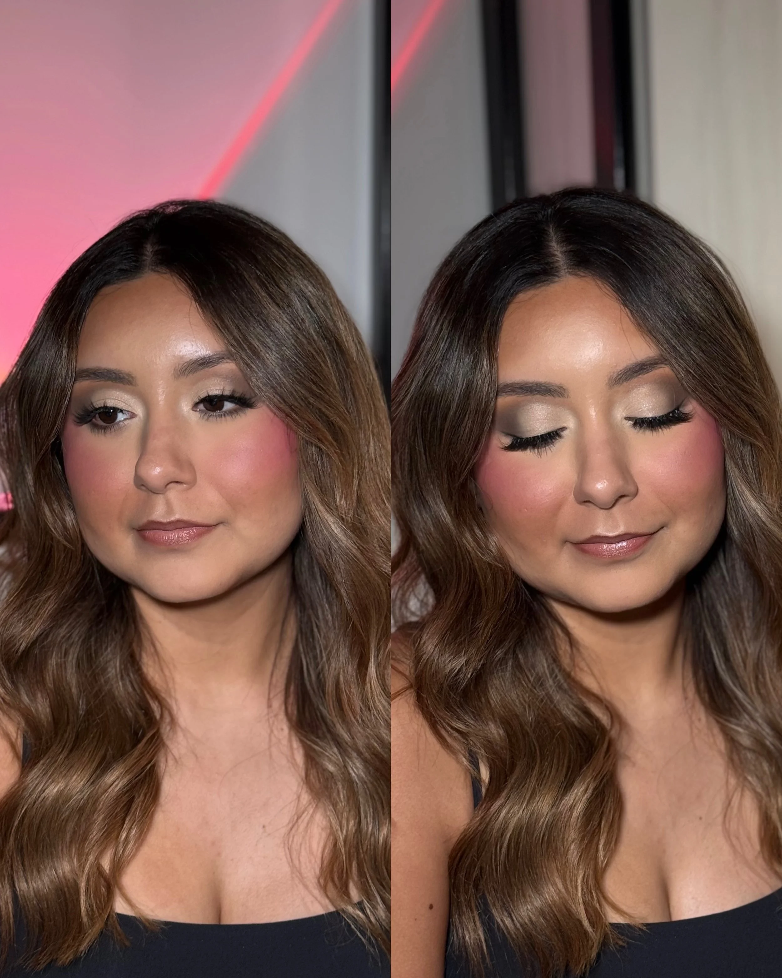 A side by side comparison of a woman with shoulder-length, wavy brown hair, with makeup and a black strapless top, featuring before and after hair color transformation, with the background showing pink lighting on the left and a neutral wall on the r