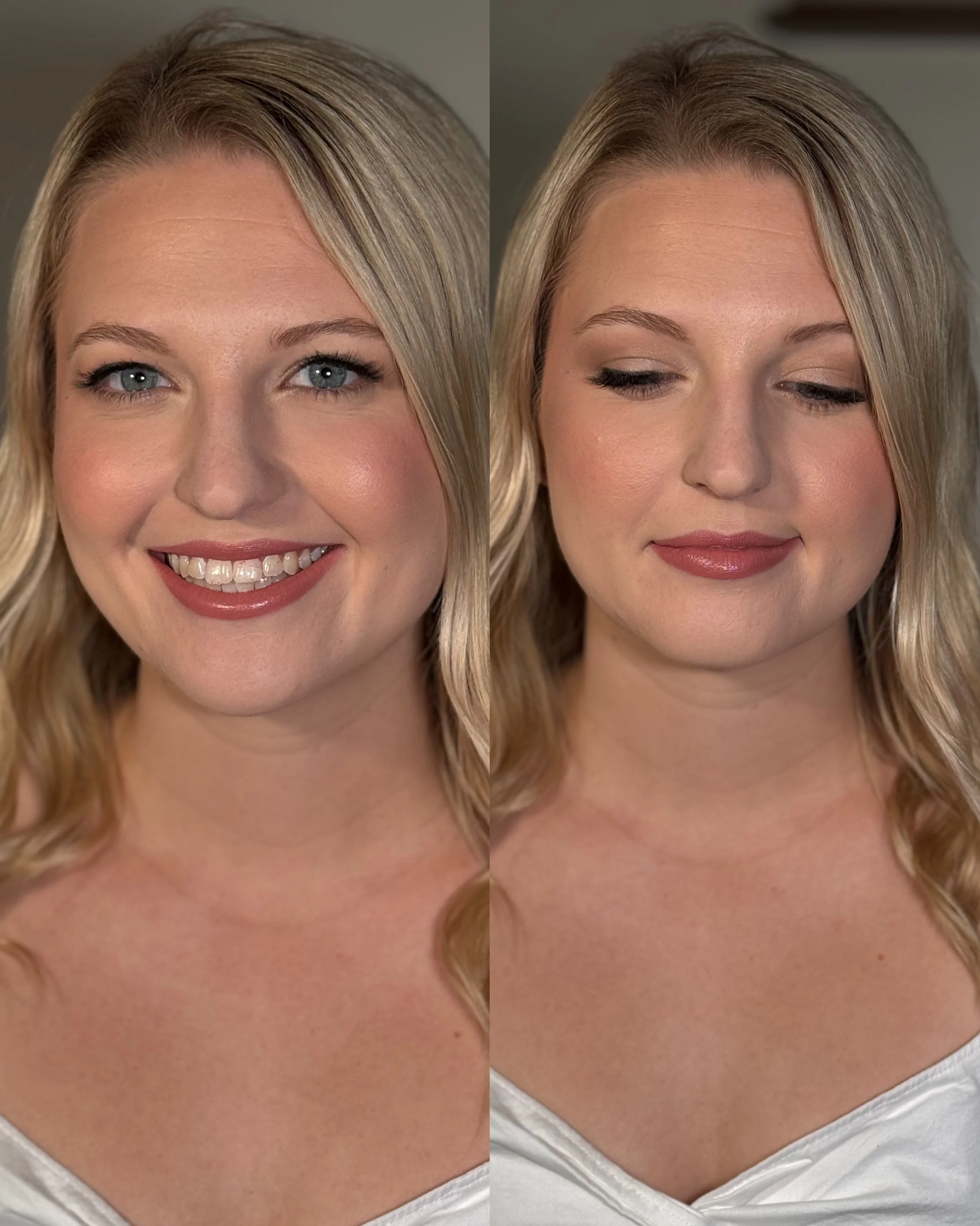 Side-by-side comparison of a woman's face before and after makeup or cosmetic procedure, showing a natural look on the right and enhanced features on the left.