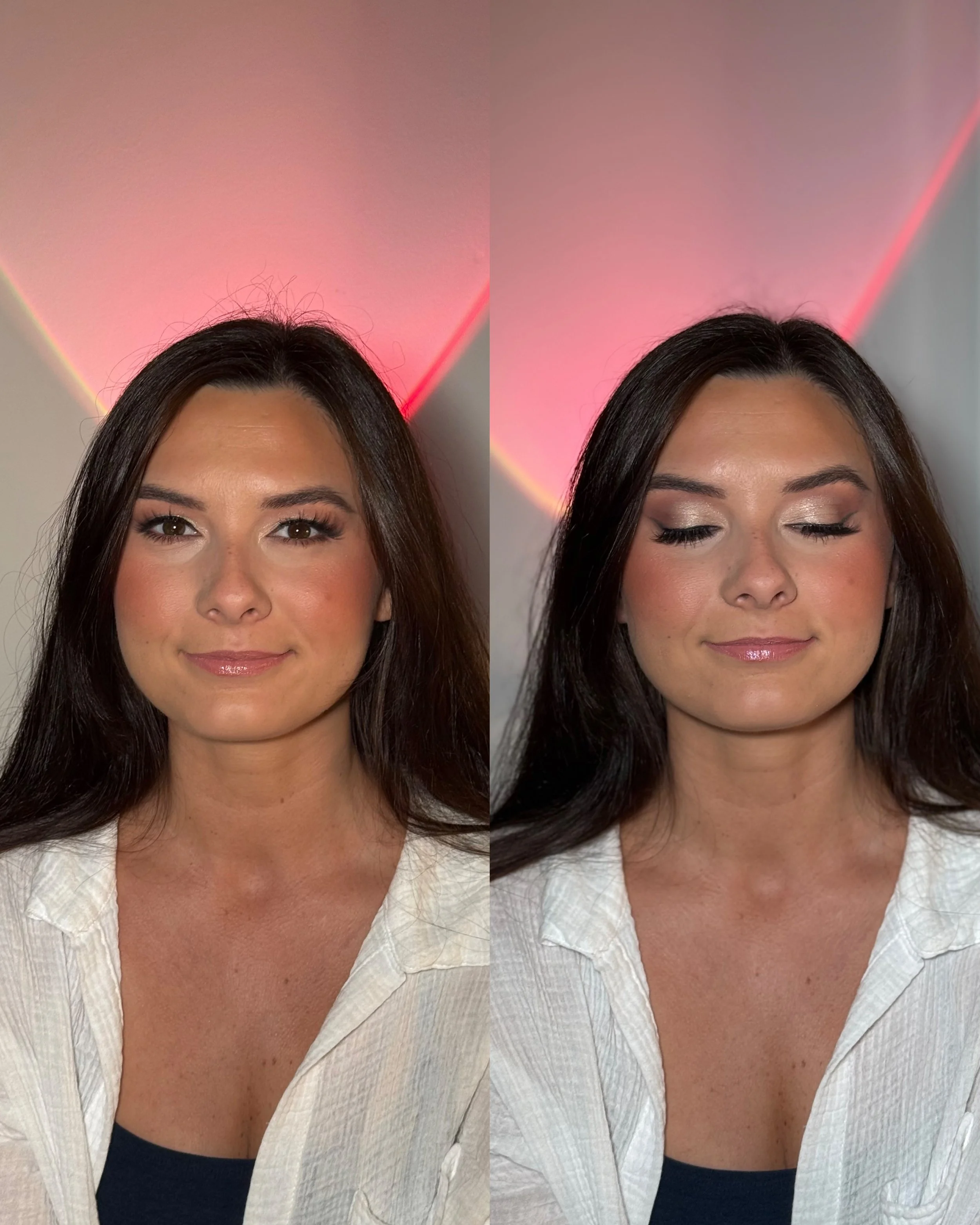Side-by-side comparison of a woman with long dark hair, wearing a white textured jacket over a black top, with a pink and purple background. The left side shows her with open eyes and makeup, the right side shows her with closed eyes, makeup, and sli