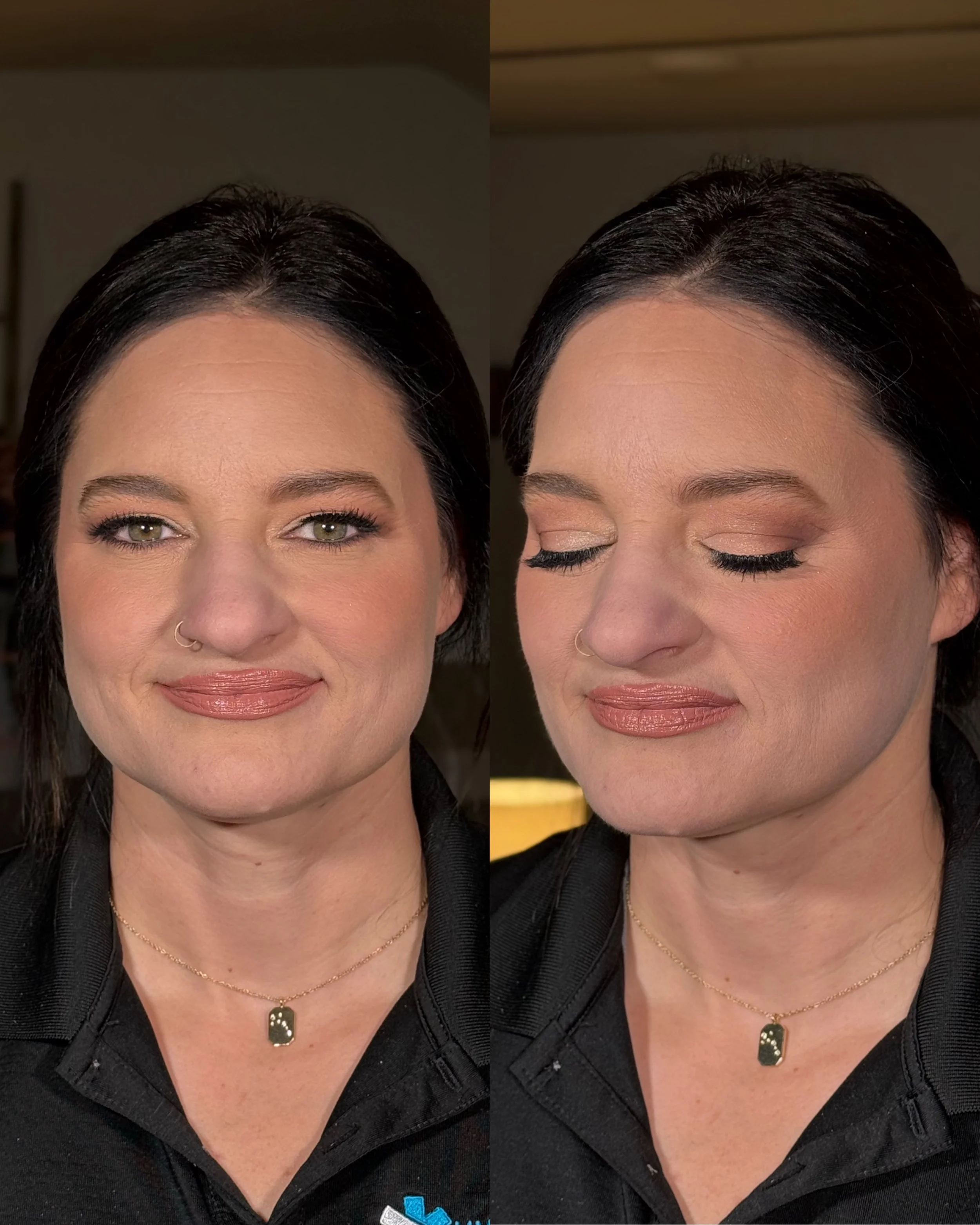 Comparison of a woman with styled hair on the left and the same woman with wet hair on the right, both with makeup and wearing a black top with a gold necklace.