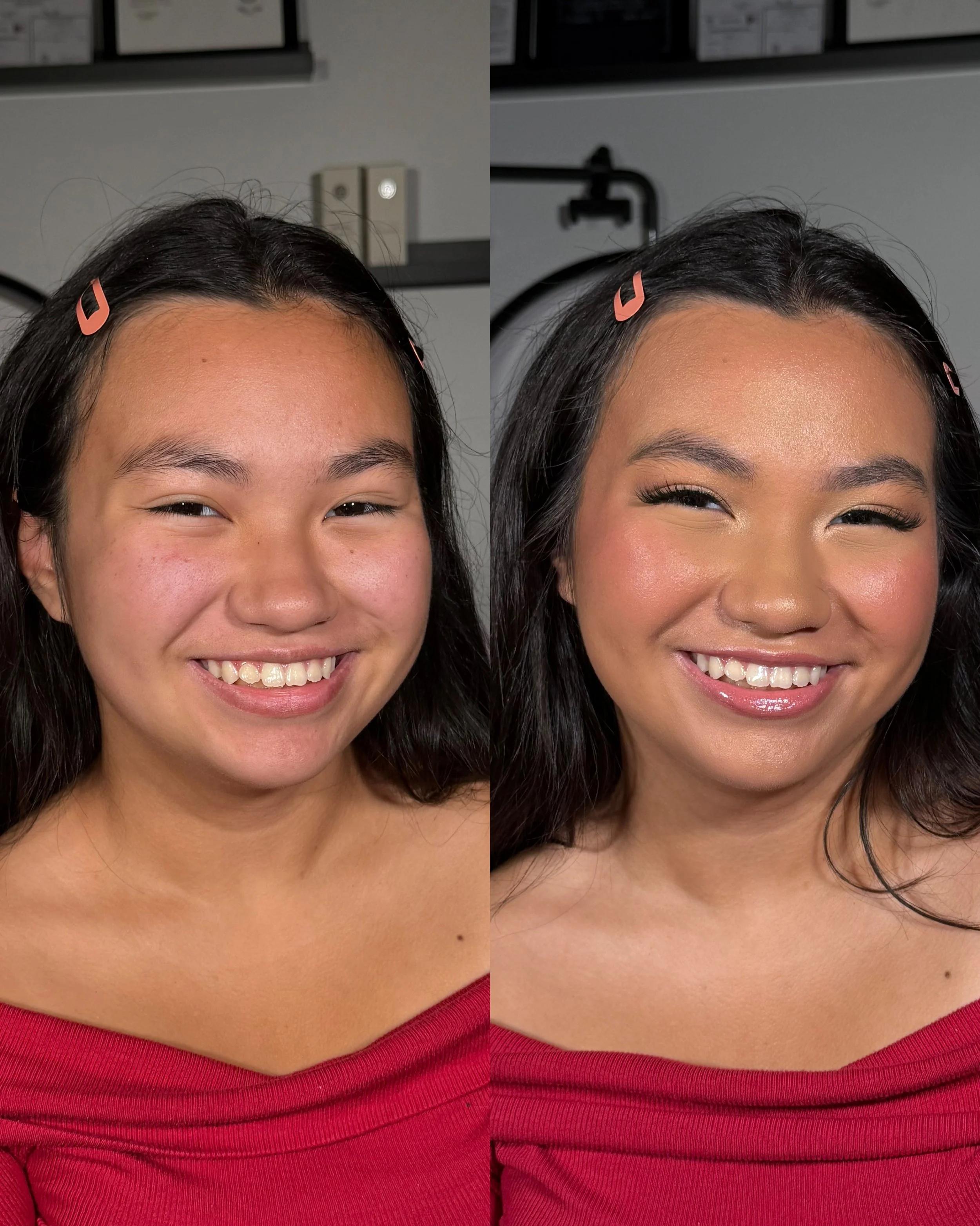 Side-by-side comparison of a woman before and after makeup application, showing her smiling with a red top and black hair held back with pink hair clips.