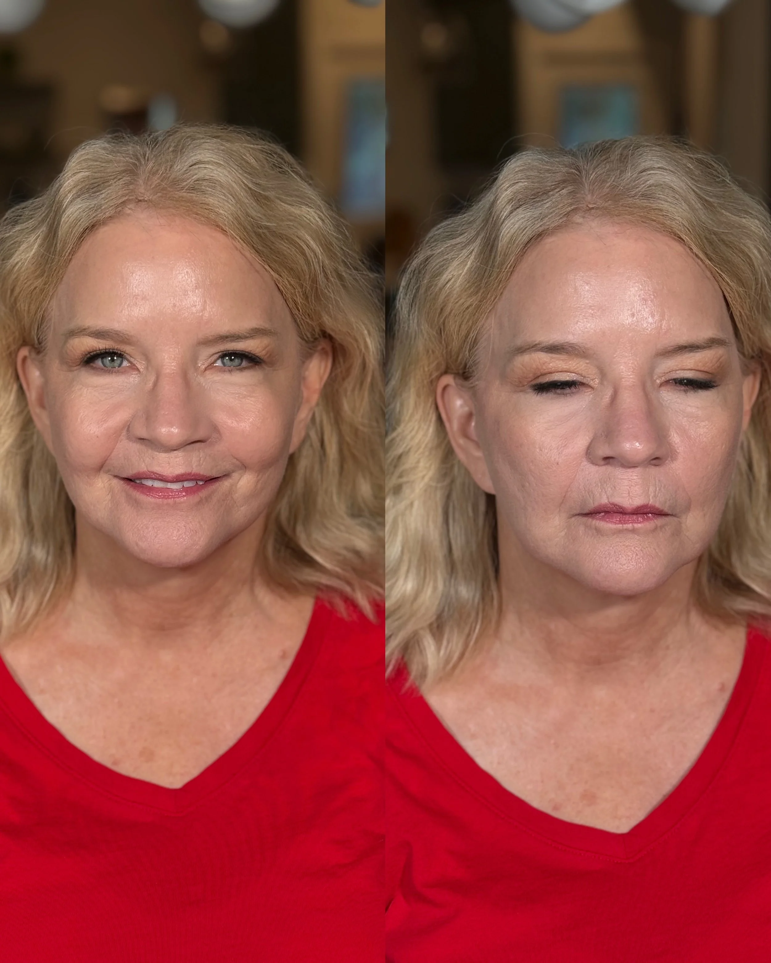 Close-up of a woman with blonde hair and light skin, wearing a red top, with her eyes closed in one part of the image and open in another