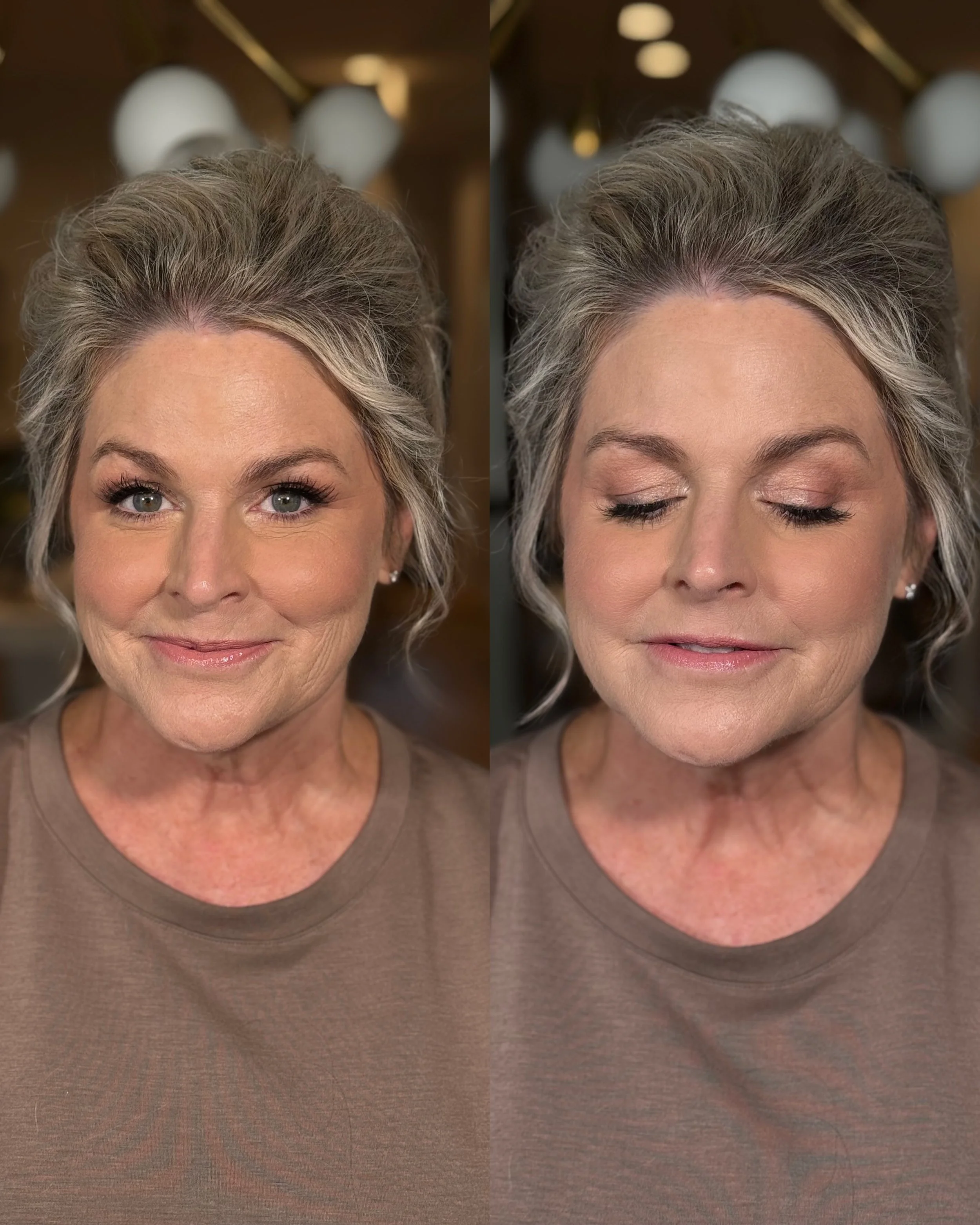 Side-by-side comparison of a woman with her eyes open on the left and closed on the right, highlighting her eyebrow and forehead area with a background of soft white spherical lights.