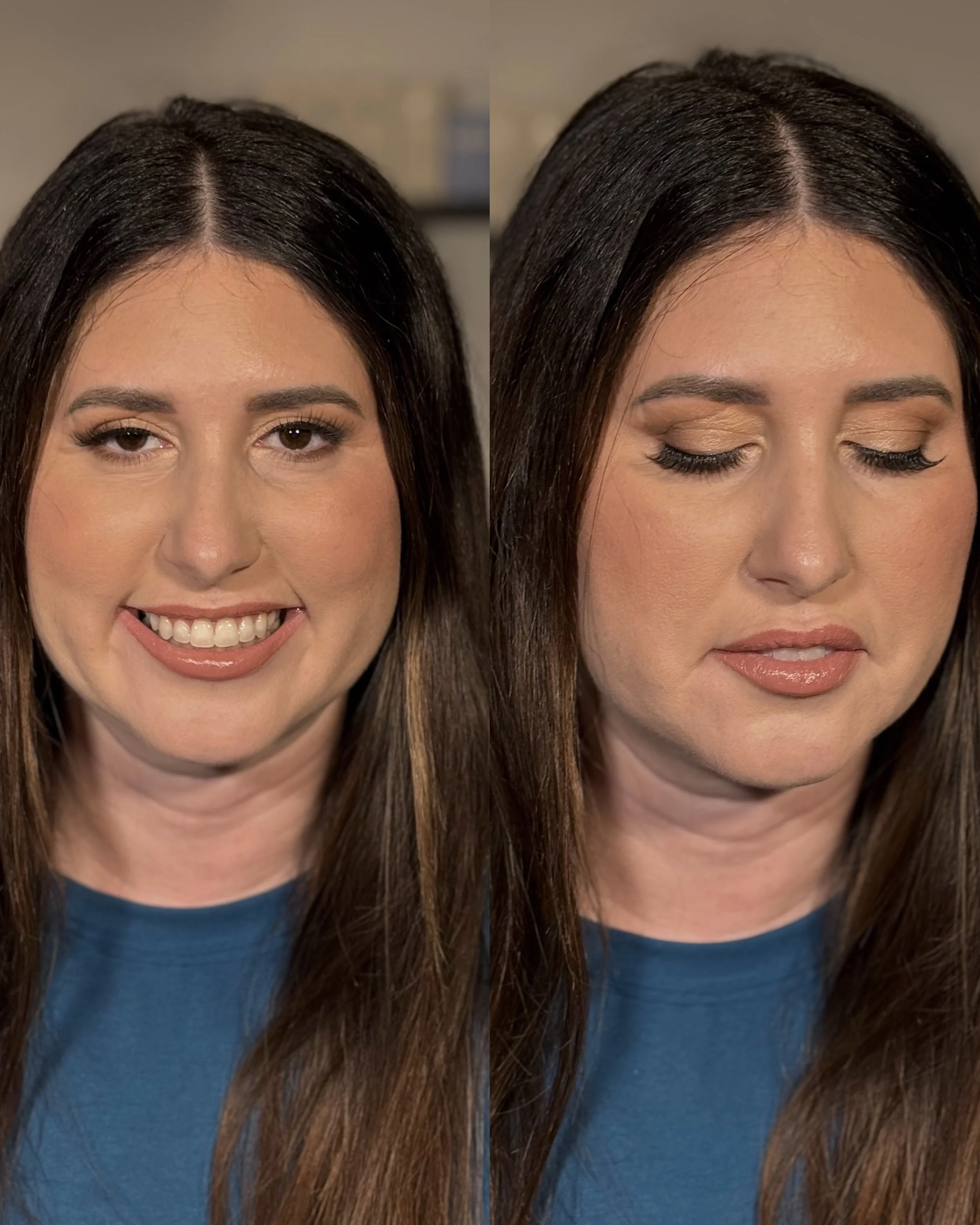 A woman with long brown hair, closed eyes, and wearing neutral makeup, photographed from the chest up, wearing a blue shirt.