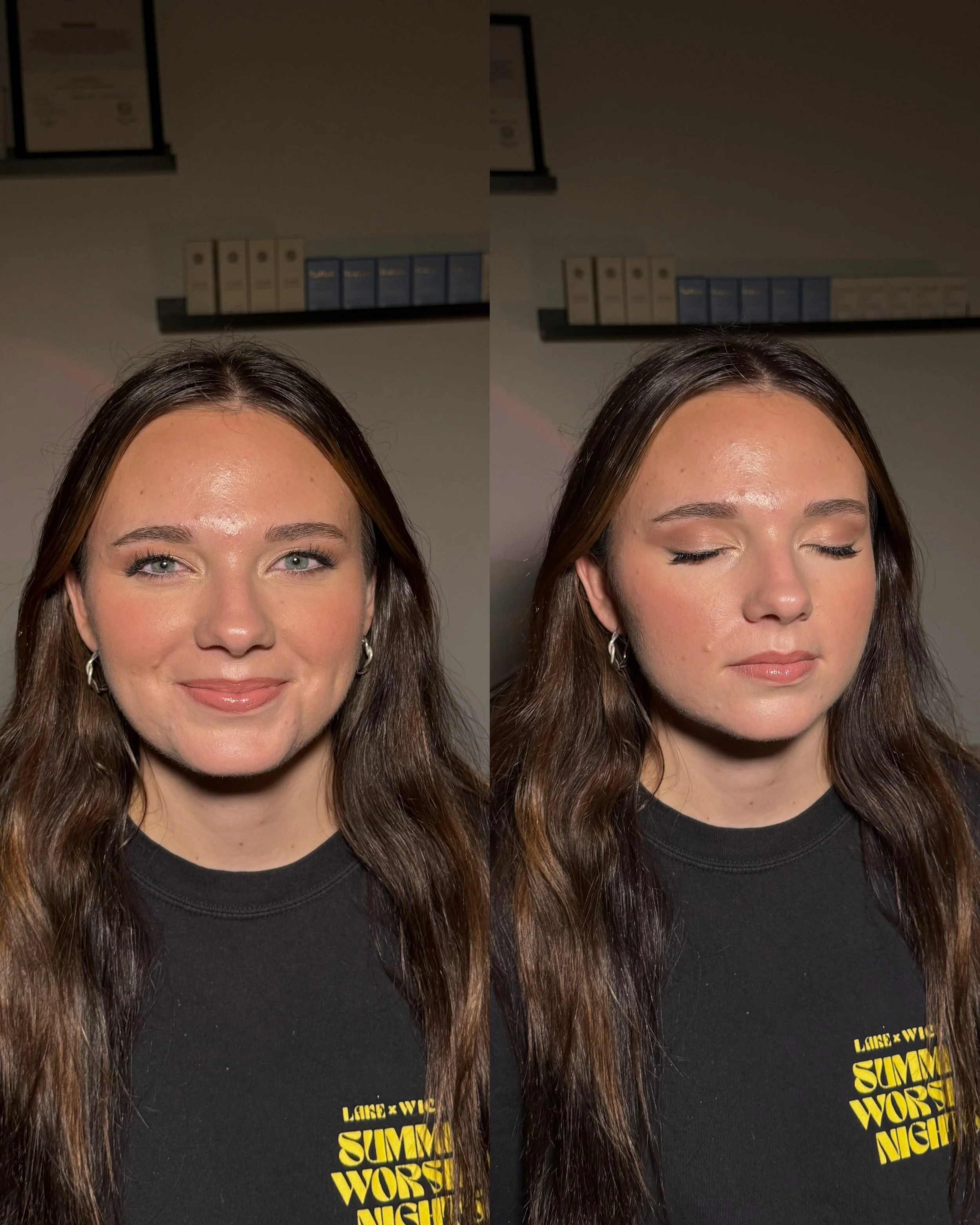 A woman with long brown hair and light skin, wearing a black T-shirt with yellow text, has her eyes closed in the right photo and is smiling with her eyes open in the left photo. The background includes a gray wall and a black shelf with several whit