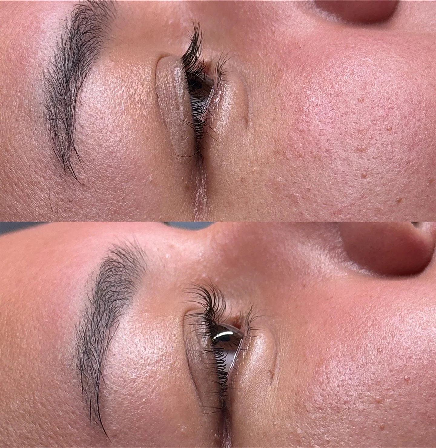 Close-up of a person's eye showing the before and after effects of eyelash enhancement or extension treatments.
