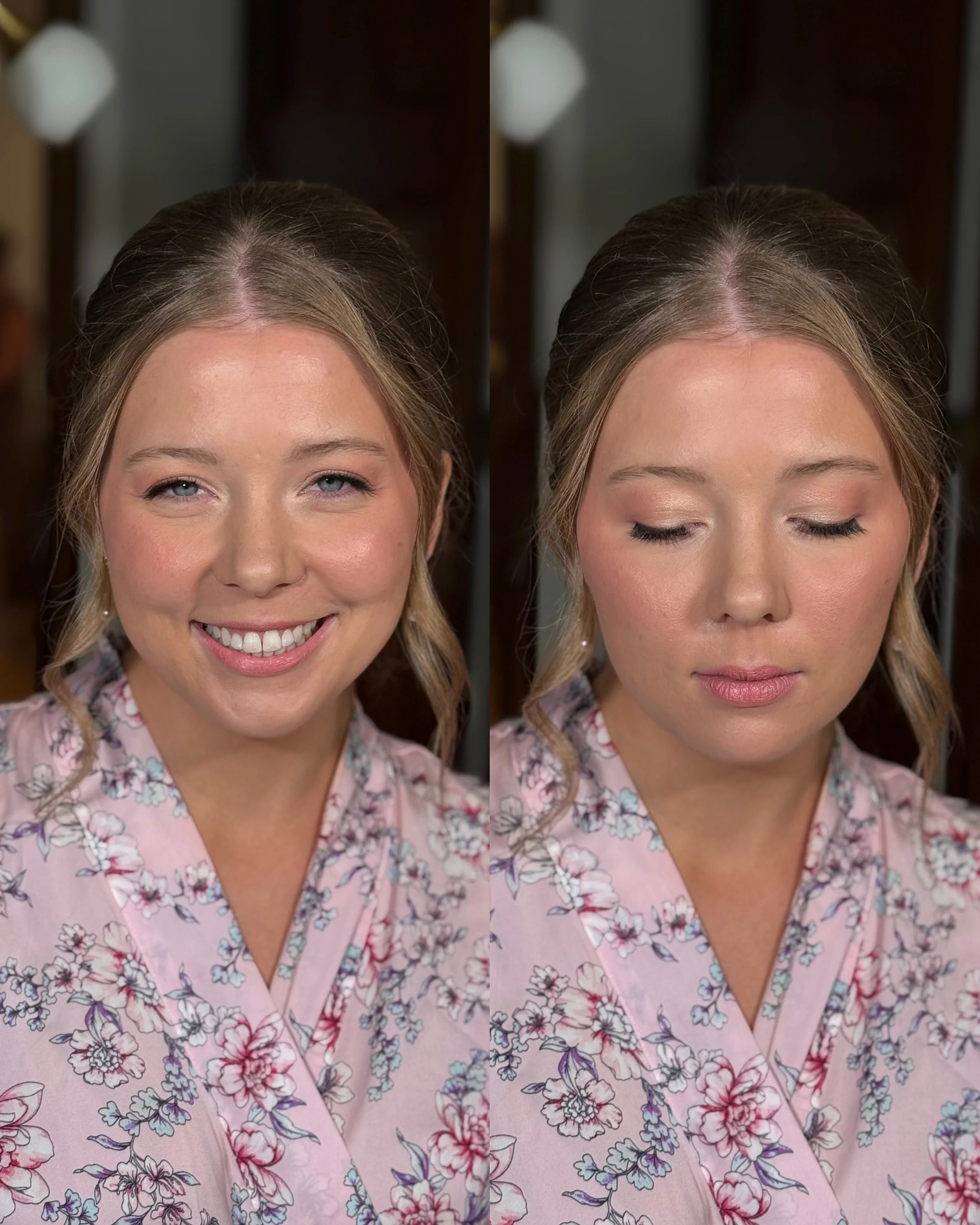A woman with blonde hair, wearing a pink floral dress, smiling with her eyes slightly opened in the left image and closed in the right image, with a blurred background.