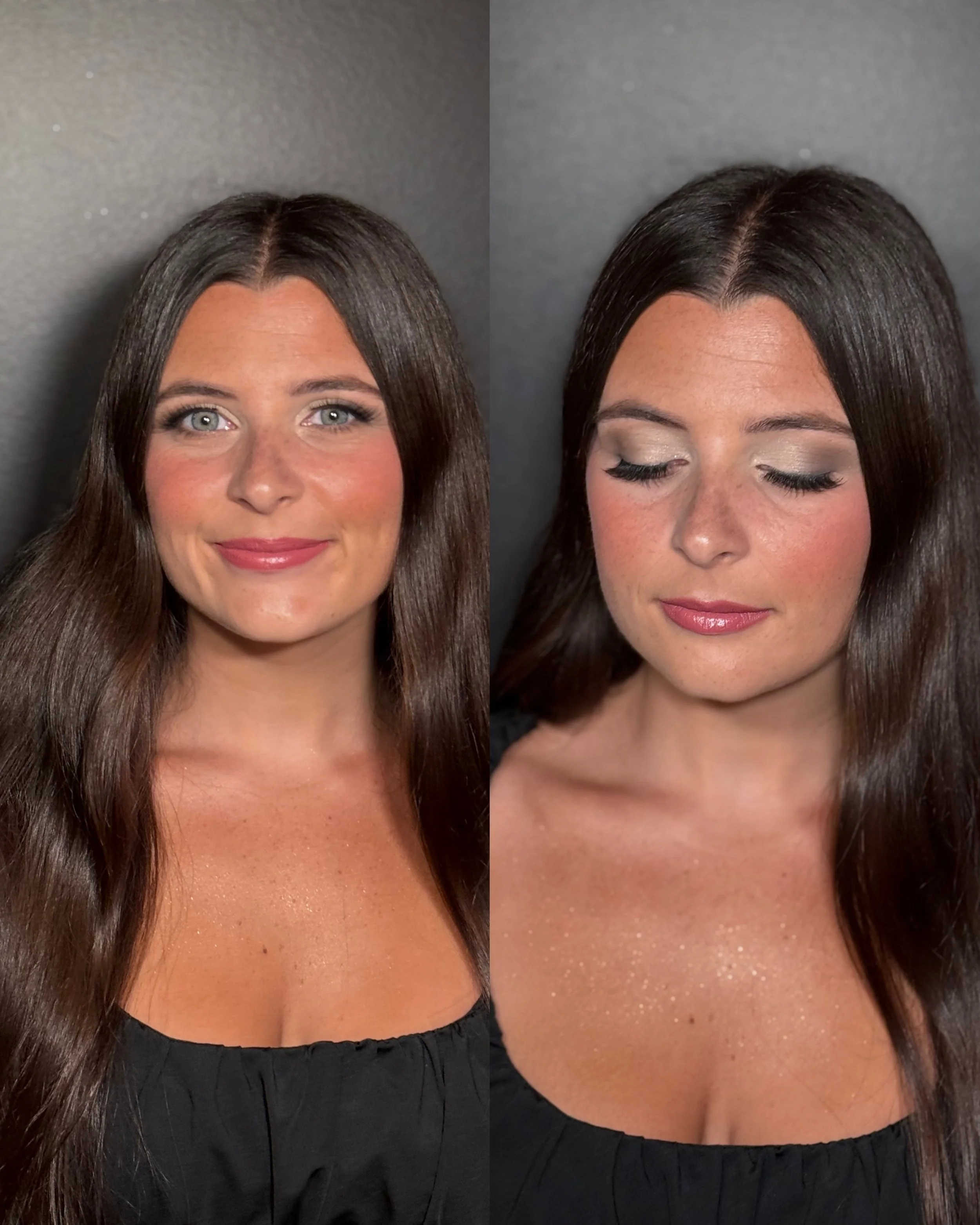 Side-by-side comparison of a woman before and after applying a cosmetic or skincare product, showing improved skin texture and appearance.