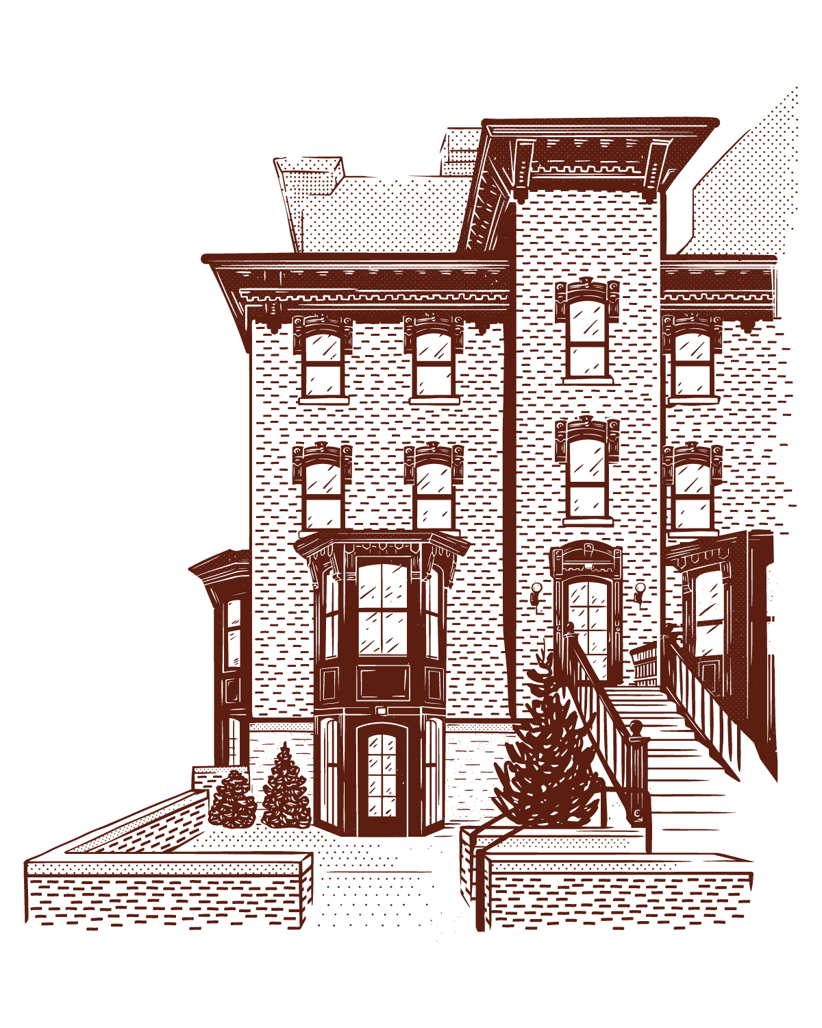 Illustration of a large, multi-story brick house with a staircase and decorative details, front yard with small trees, on a black background.