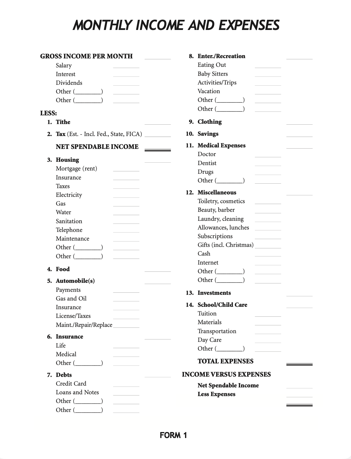 Monthly Expense Worksheet