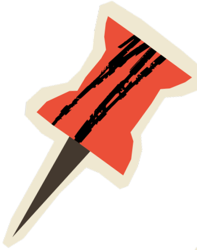 A graphic illustration of a red and black pin with a jagged design, resembling a dagger or a theatrical mask.