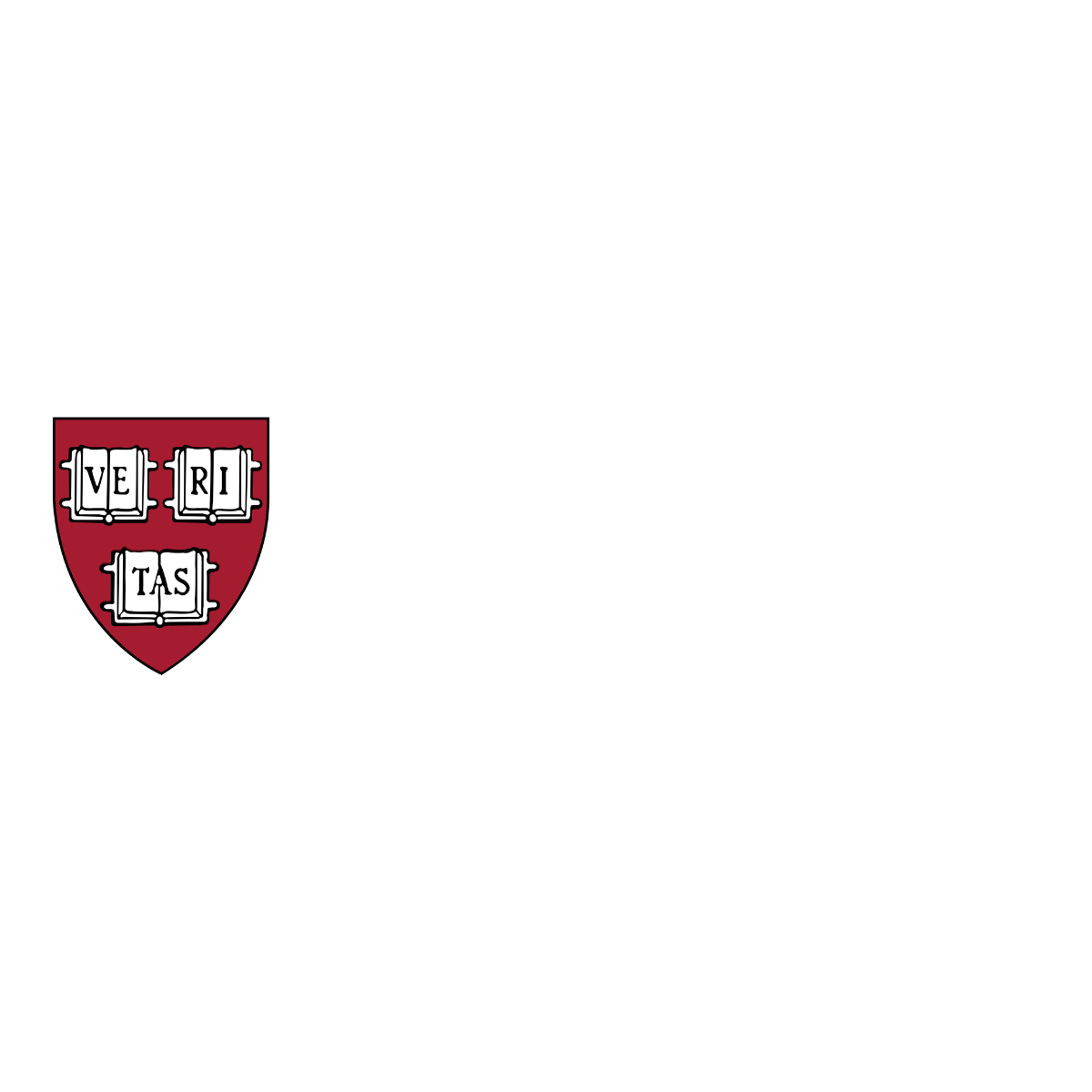 Harvard University logo with black background, depicting a shield with open books and the words "Veritas" on them, and the words "Harvard University" next to it.