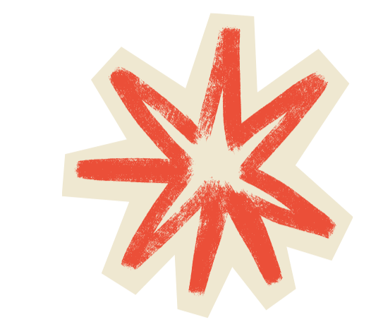 A stylized red explosion or burst graphic with a white outline on a black background.